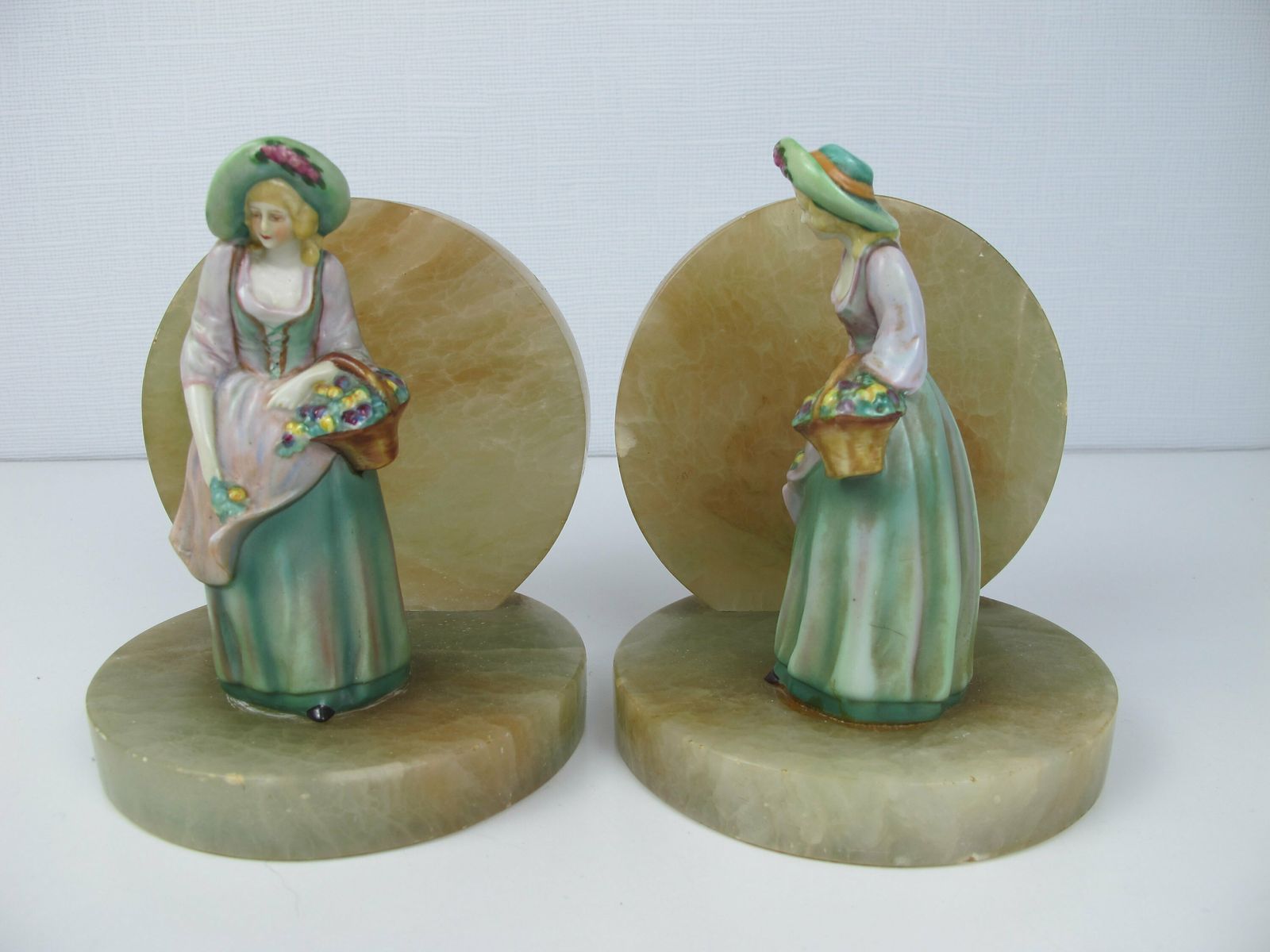Vintage Ceramic And Marble Bookends. Ceramic Ladies   Flower Sellers With A Bonnet And Basket Of Flowers. Art Deco Bookends photo furniture