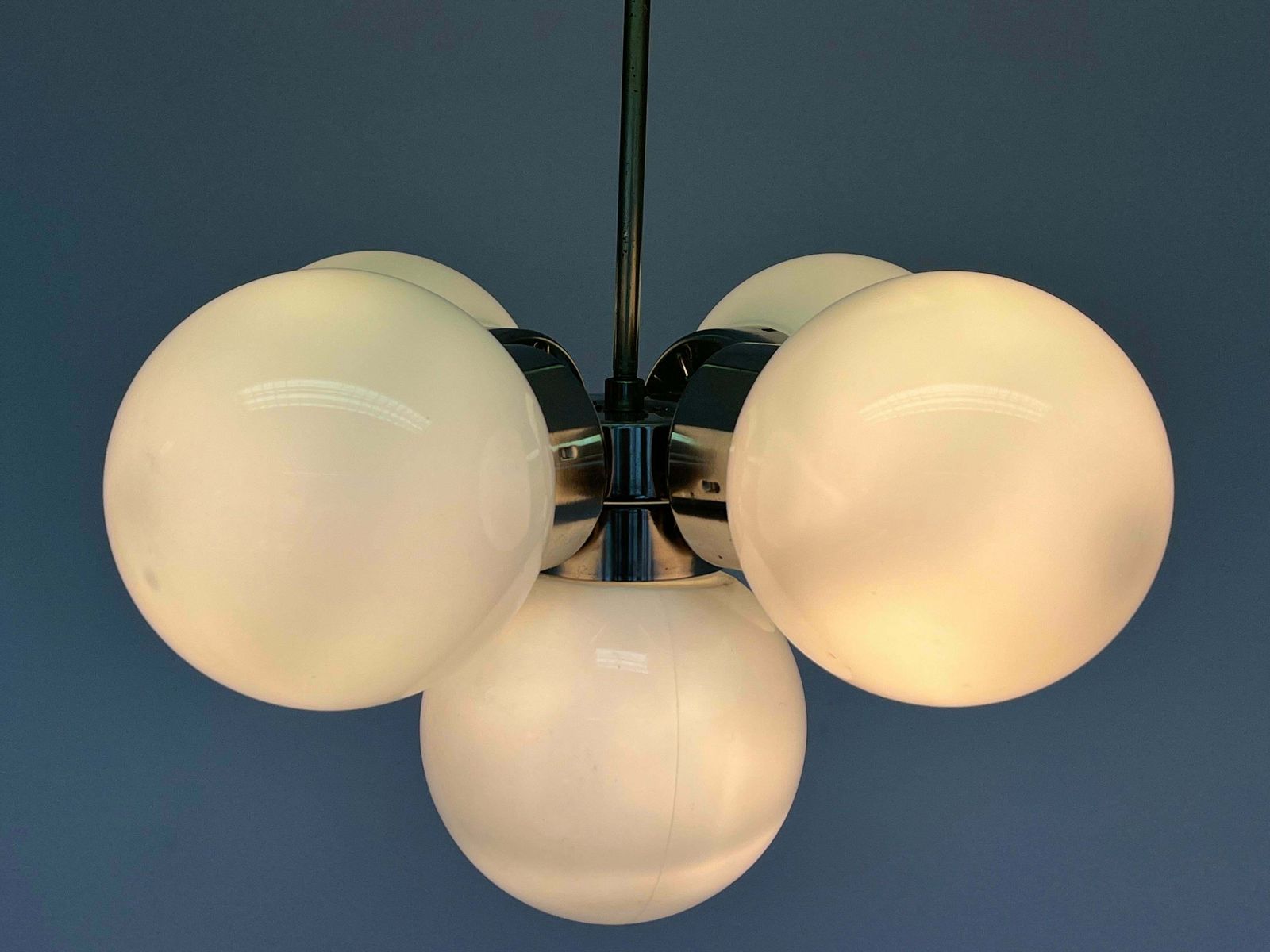 Pair Of Space Age Chrome & Milk Glass Sputniks   Czechoslovakia / 1970s photo for sale