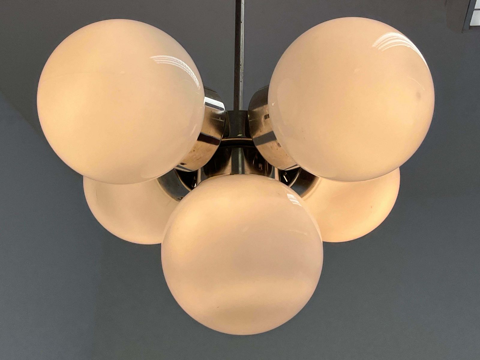 Pair Of Space Age Chrome & Milk Glass Sputniks   Czechoslovakia / 1970s photo Lighting