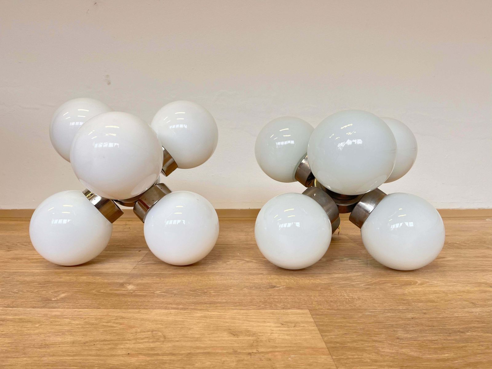 Pair Of Space Age Chrome & Milk Glass Sputniks   Czechoslovakia / 1970s photo buy