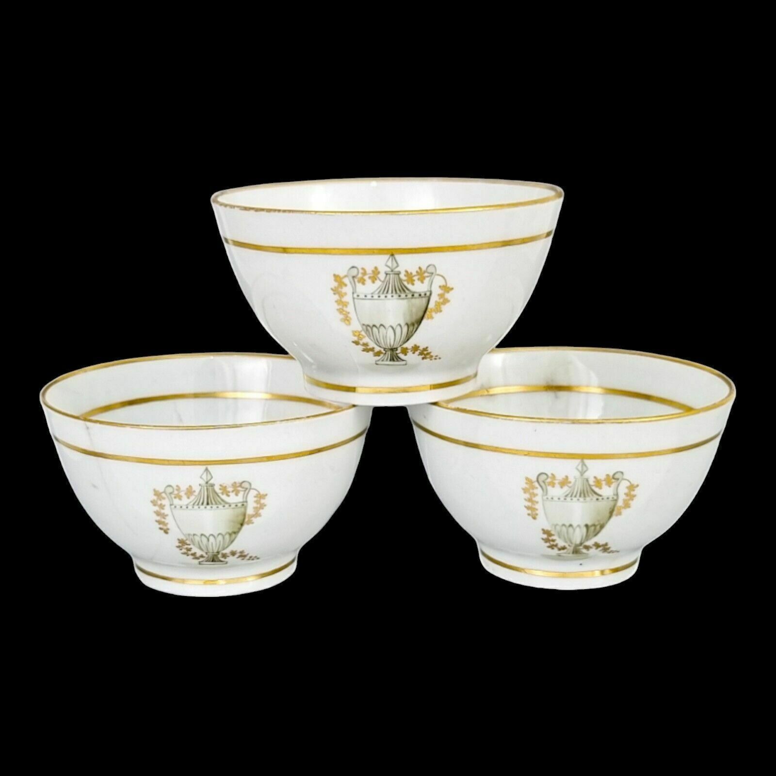 Georgian Thomas Wolfe Factory Z Porcelain Set 3 Bat Printed Tea Slop Bowls, 1800