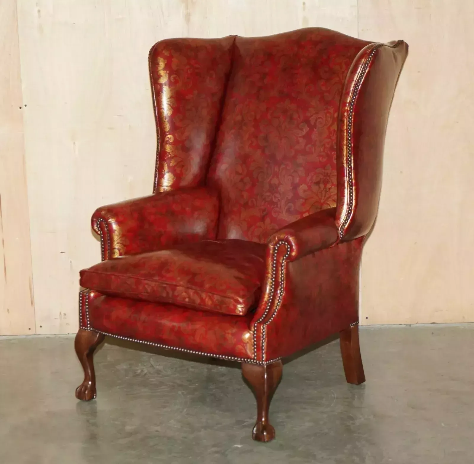 Vintage Oxblood Claw & Ball Feet Damask Leather Wingback Armchair & Footstool photo furniture