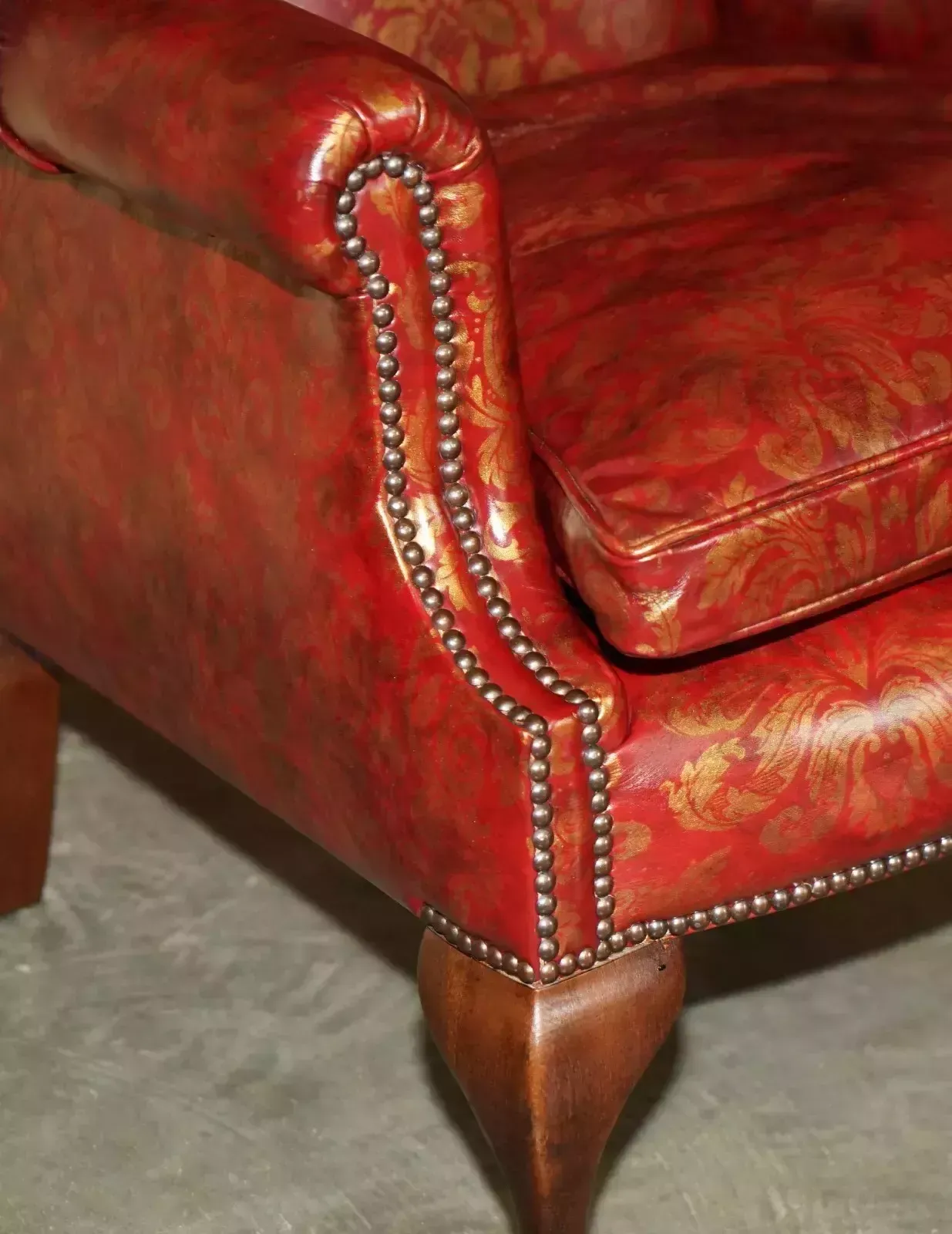 photo for sale Vintage Oxblood Claw & Ball Feet Damask Leather Wingback Armchair & Footstool
