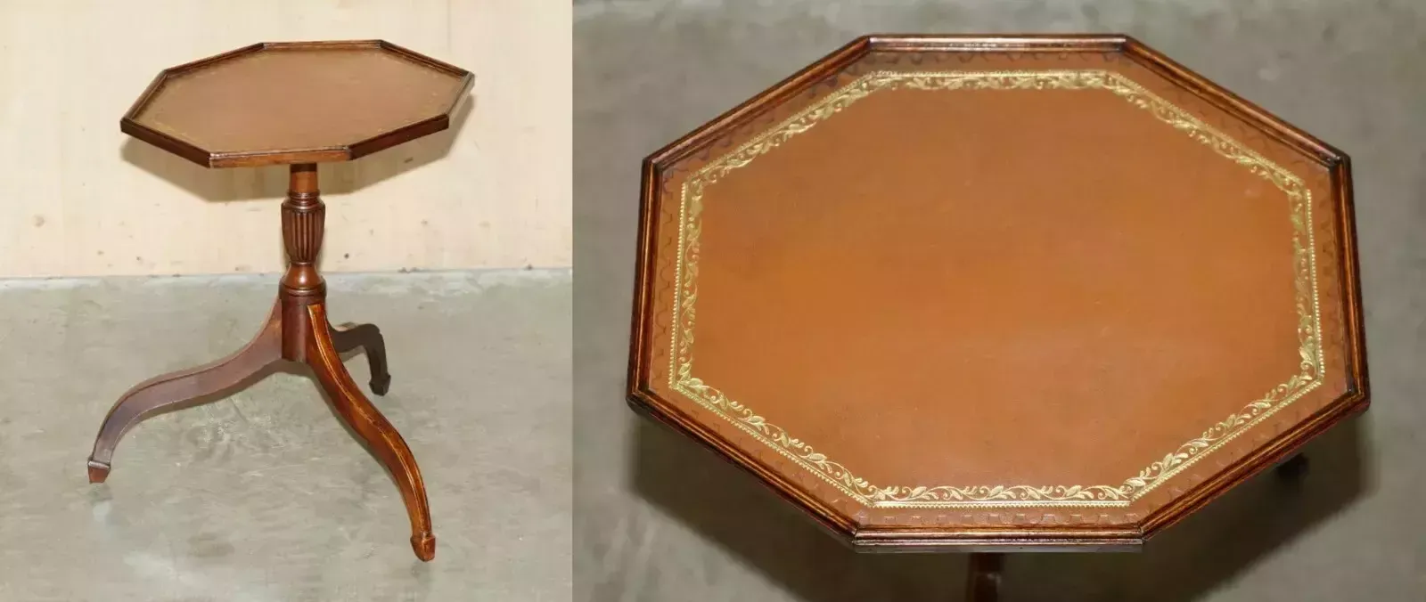 Mahogany Octagonal Brown Leather Gold Leaf Tripod Side End Lamp Wine Table