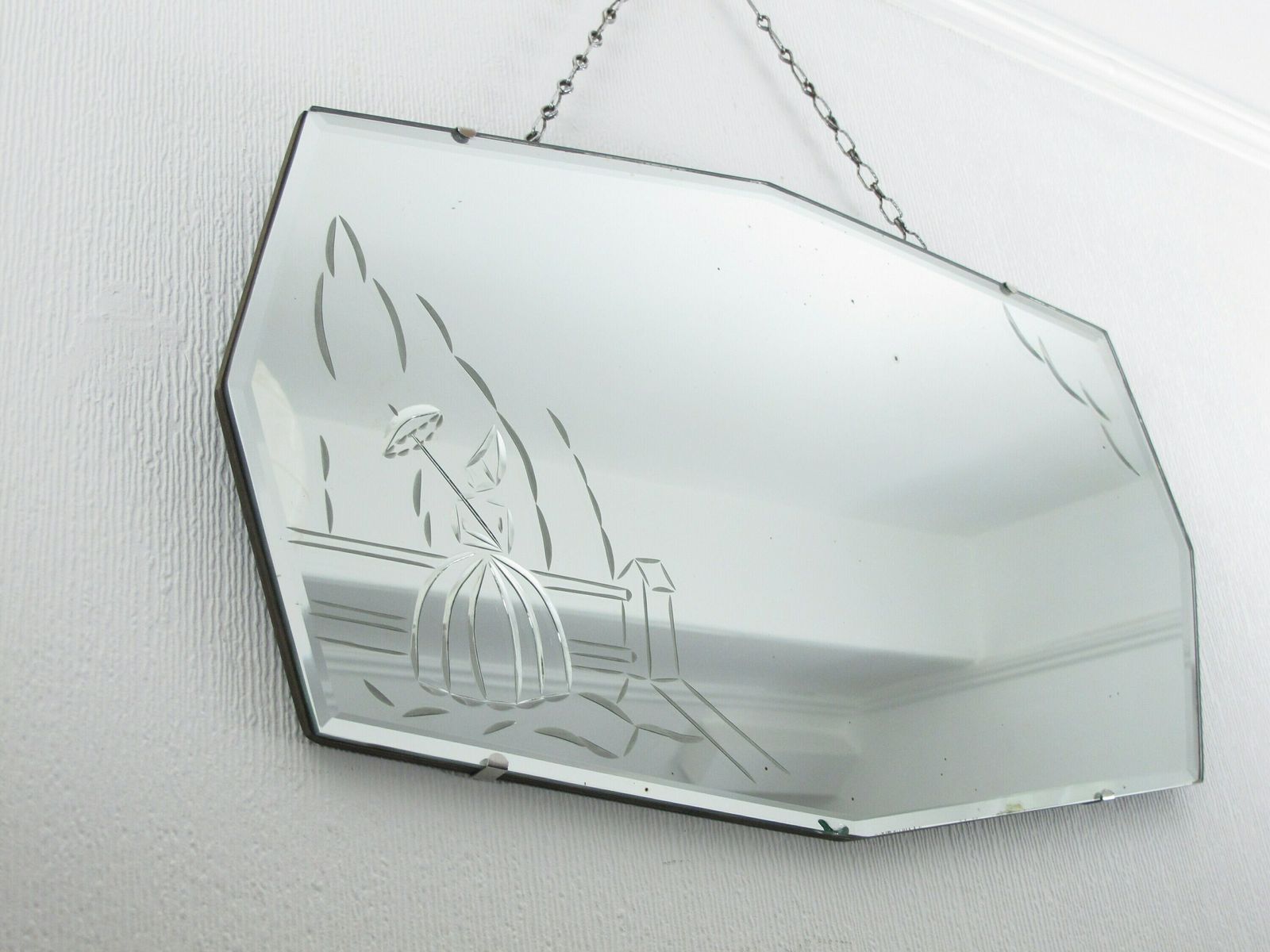 Wonderful Crinoline Lady, Cut Glass, Bevelled Edge Frame Less Art Deco Mirror. Ready To Hang On Original Visible Chain.