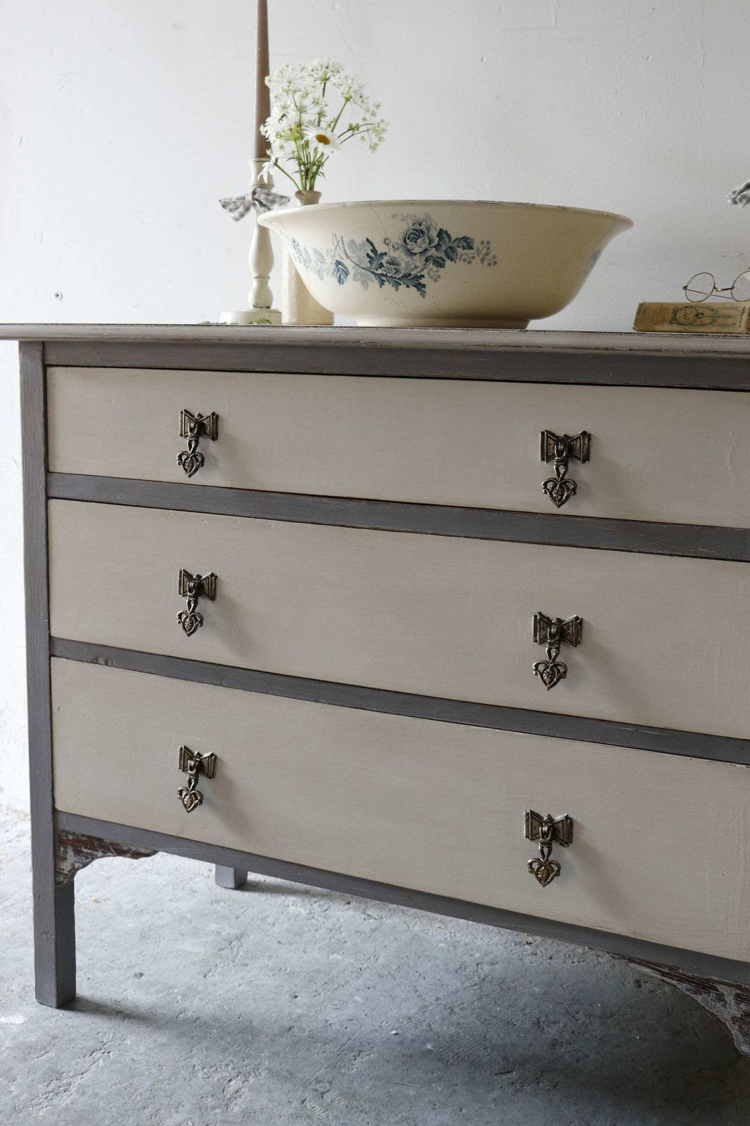 Vintage Three Drawer Painted Washstand Or Chest Of Drawers In Pastille Grey And Stone White photo Furniture