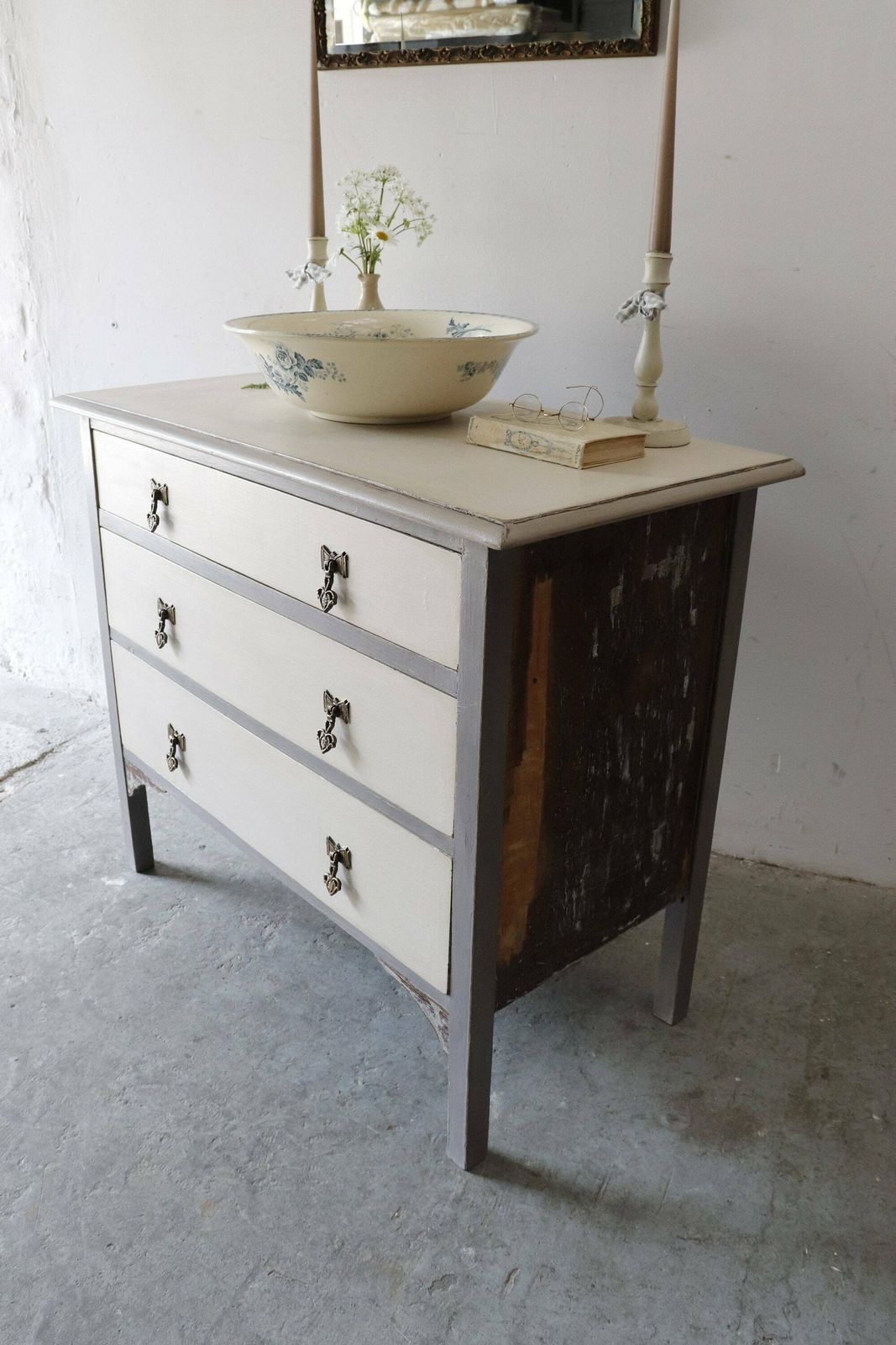 photo furniture Vintage Three Drawer Painted Washstand Or Chest Of Drawers In Pastille Grey And Stone White