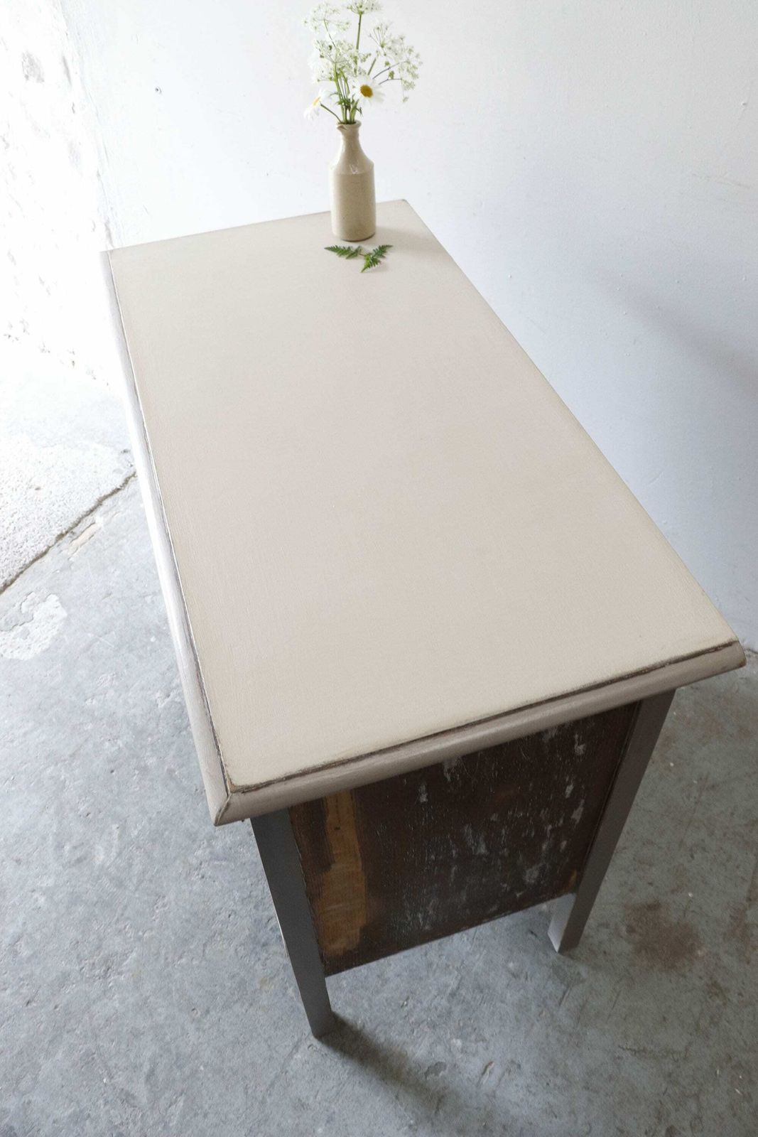 photo for sale Vintage Three Drawer Painted Washstand Or Chest Of Drawers In Pastille Grey And Stone White