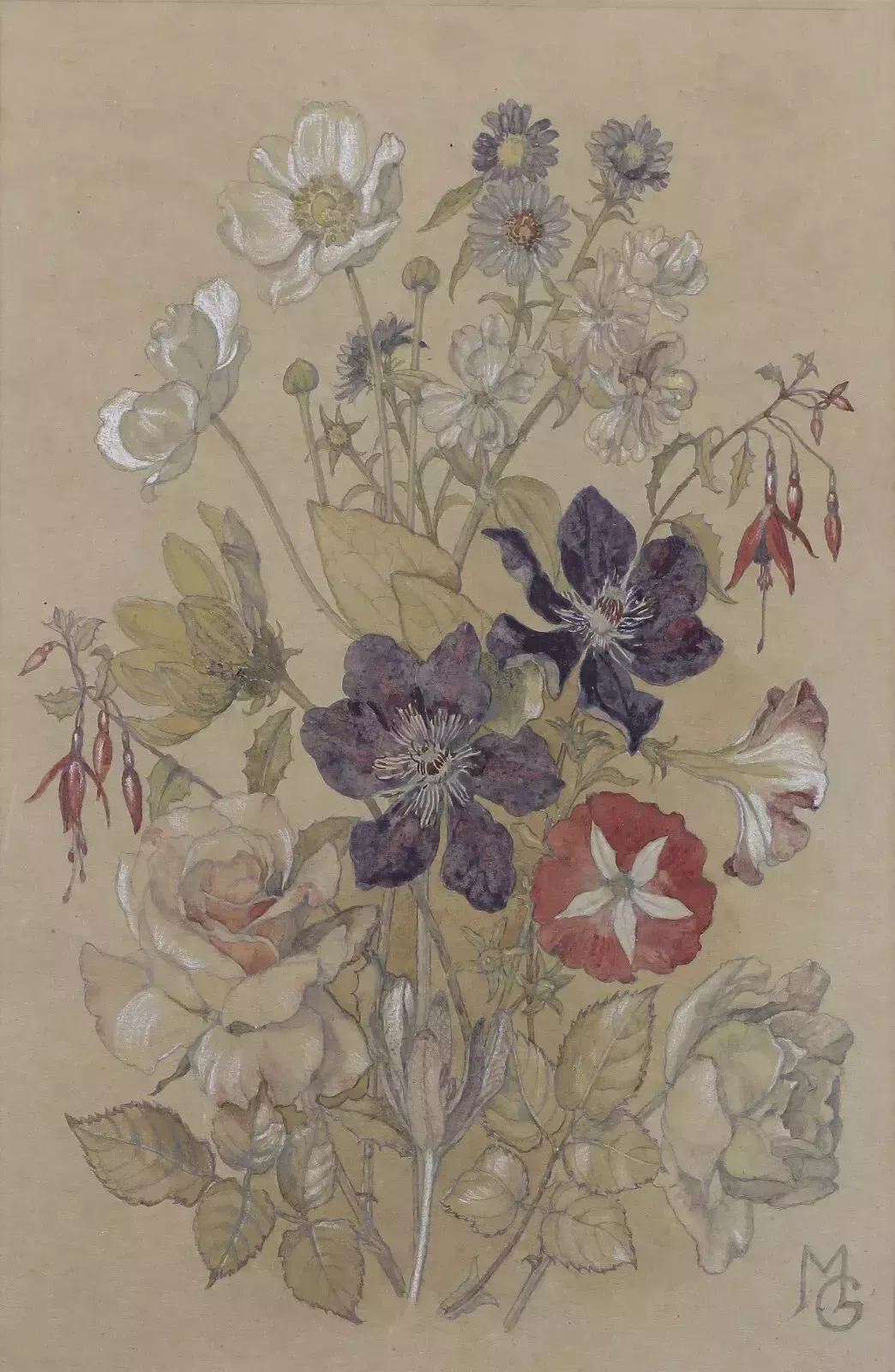 Pencil Sketch With Watercolour And Chalk Highlights By Mg. Bunch Of Flowers photo furniture