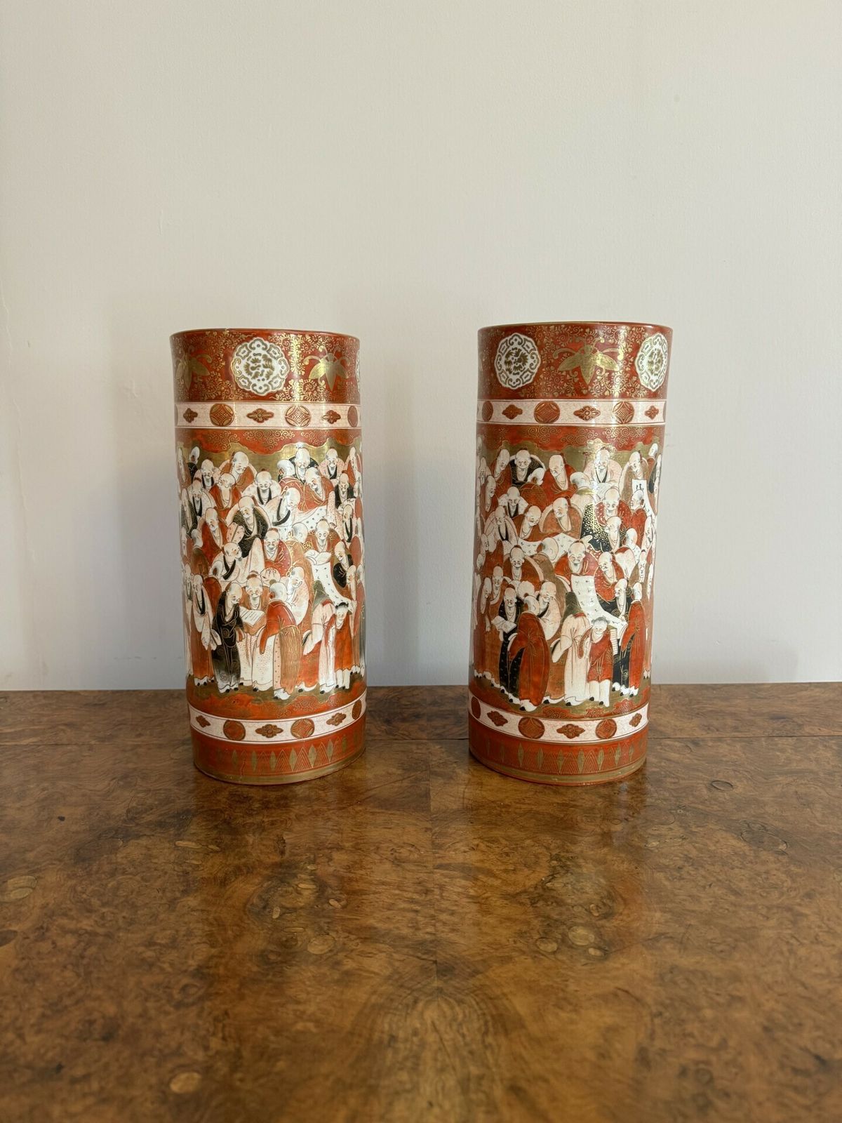 Outstanding Quality Pair Of 19th Century Japanese Kutani Cylindrical Vases photo Home Decor