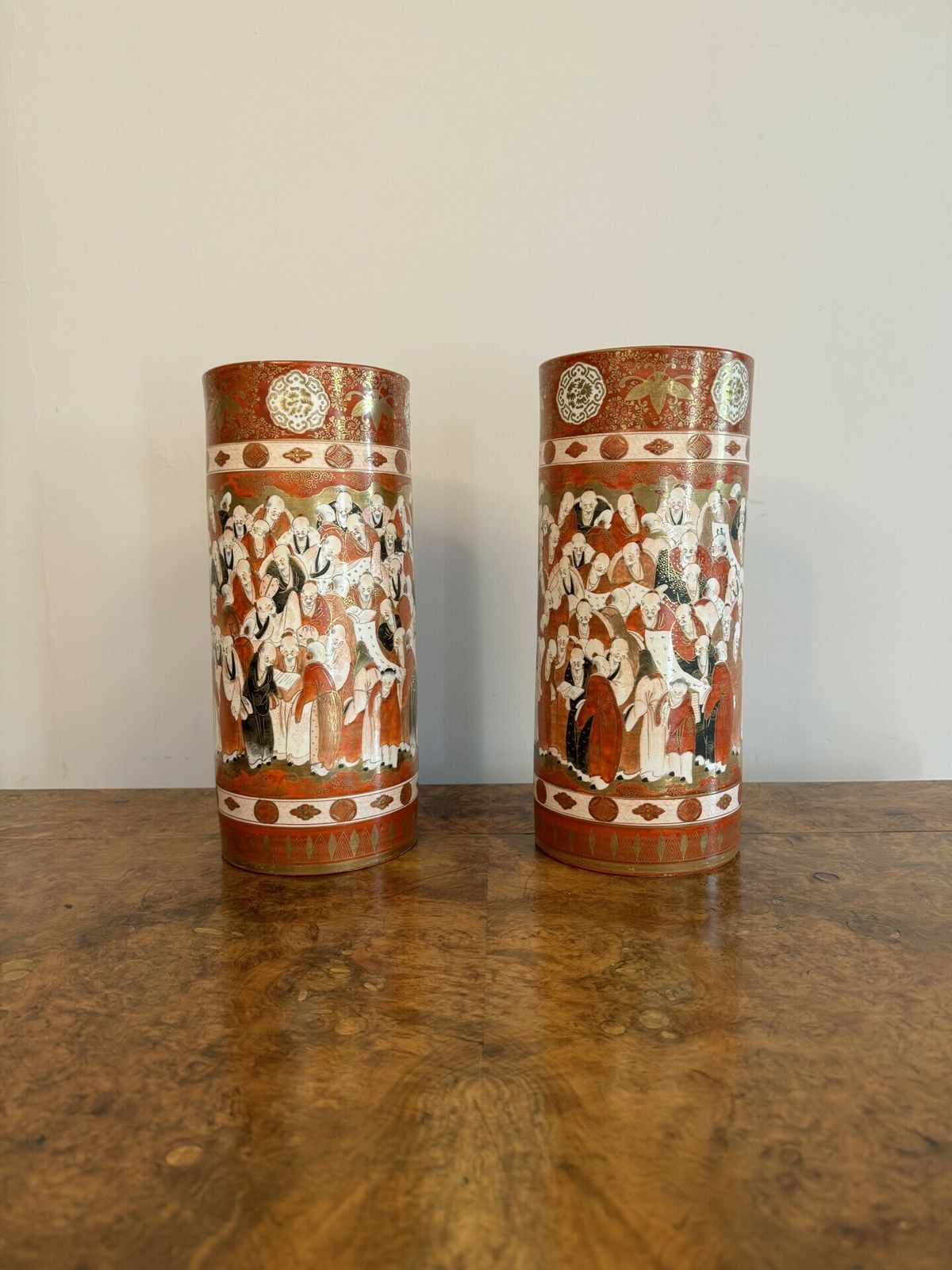 Outstanding Quality Pair Of 19th Century Japanese Kutani Cylindrical Vases