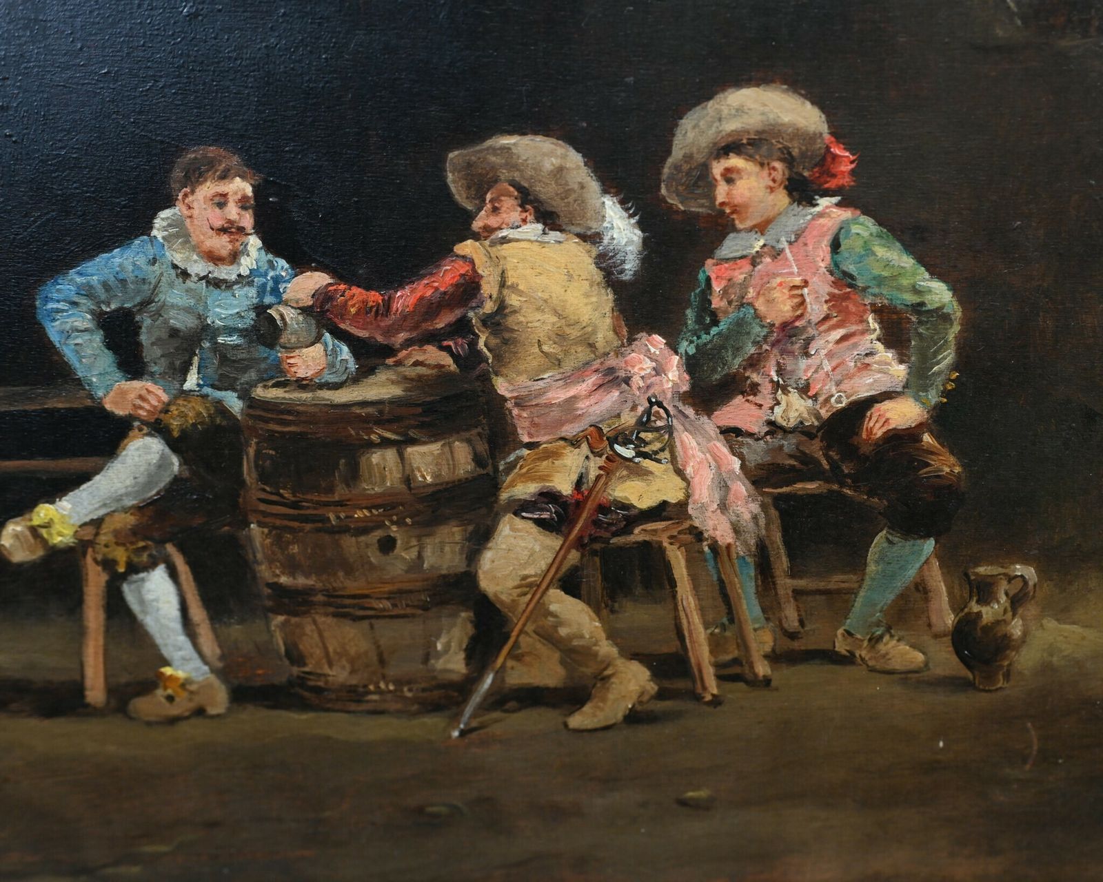 Antique French Oil Painting Tavern Scene Musketeers Signed J De Ninville Chiaroscuro photo vintage