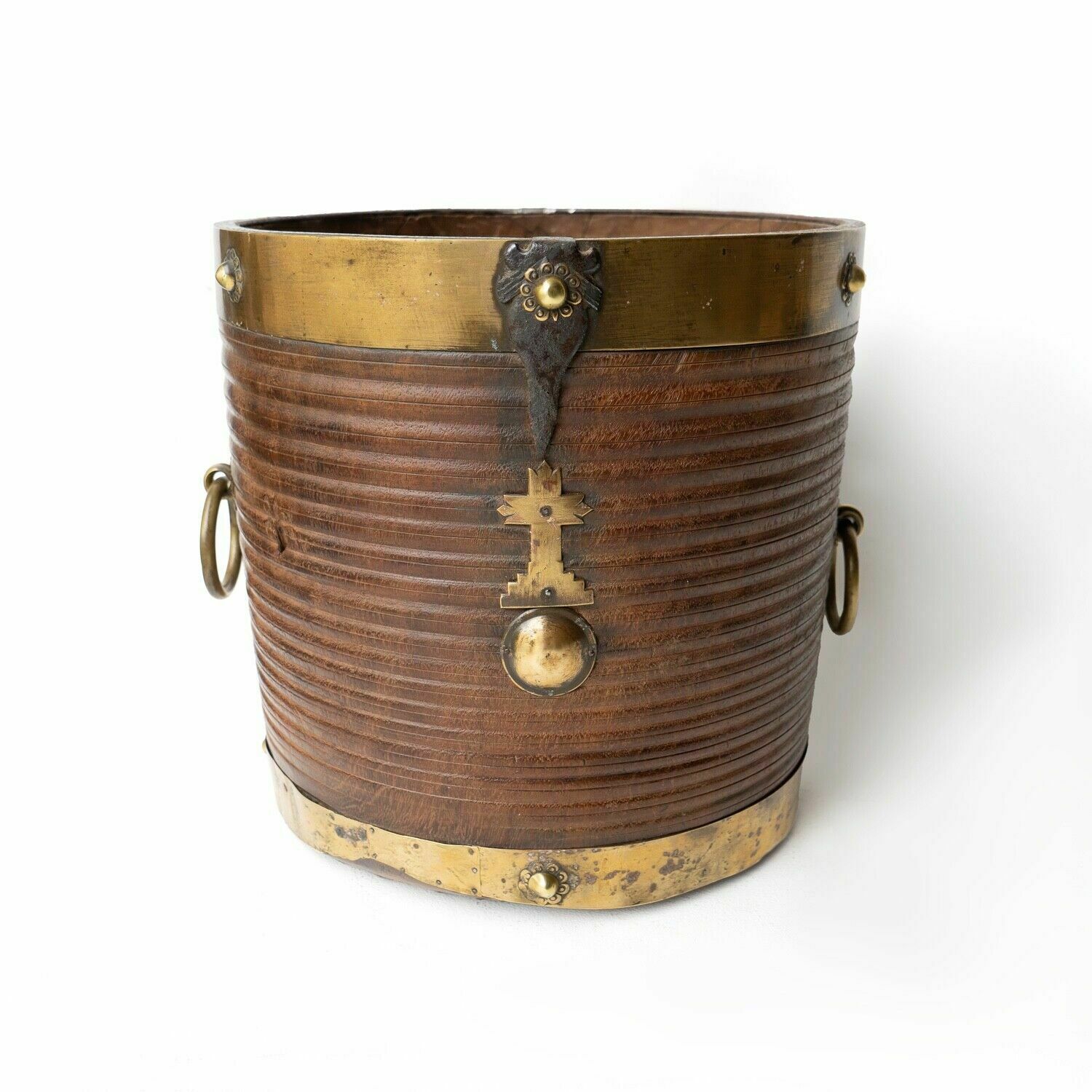 Antique South Indian Teak And Brass Rice Bucket Container, 19th Century photo furniture