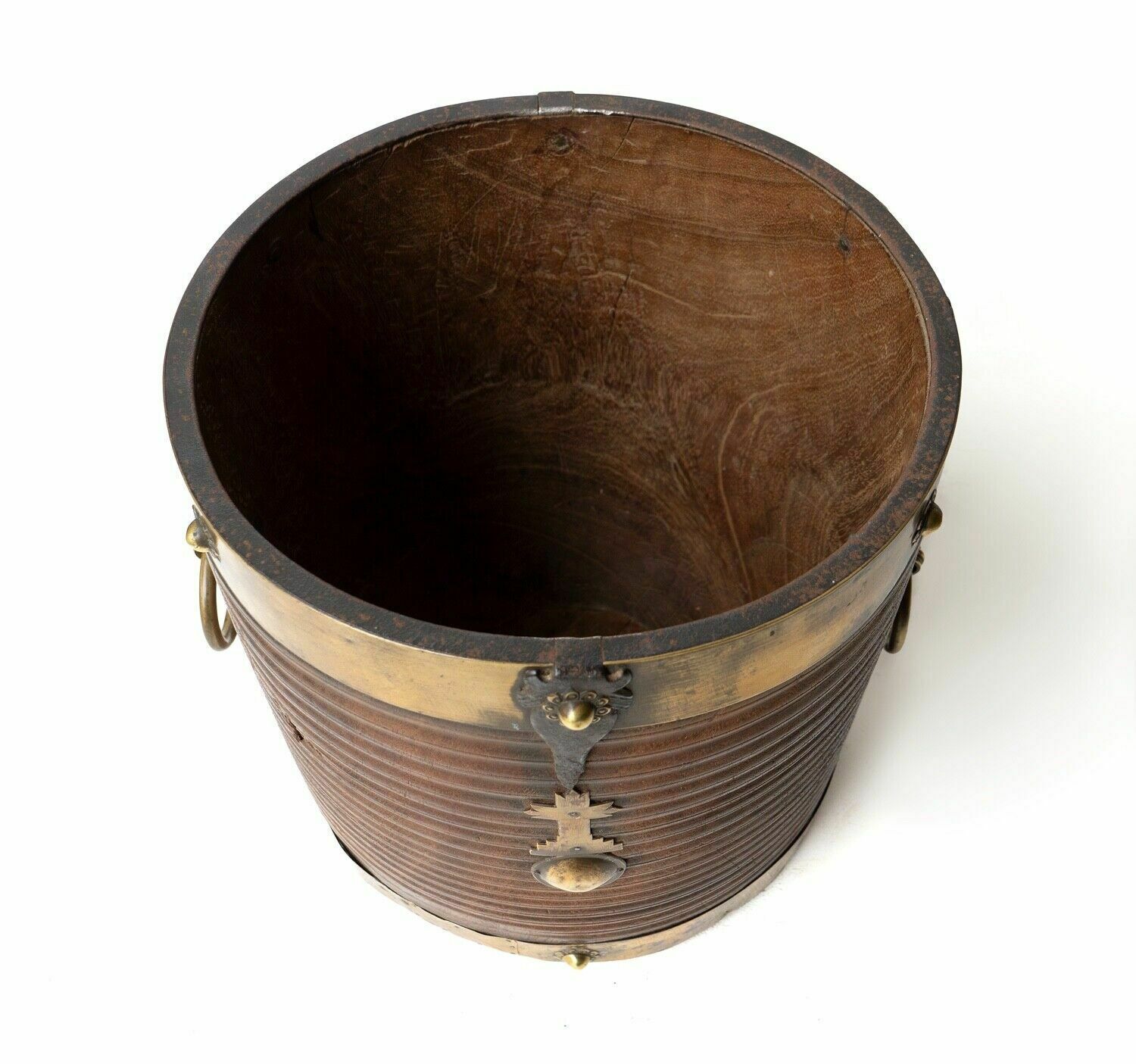 Antique South Indian Teak And Brass Rice Bucket Container, 19th Century photo buy