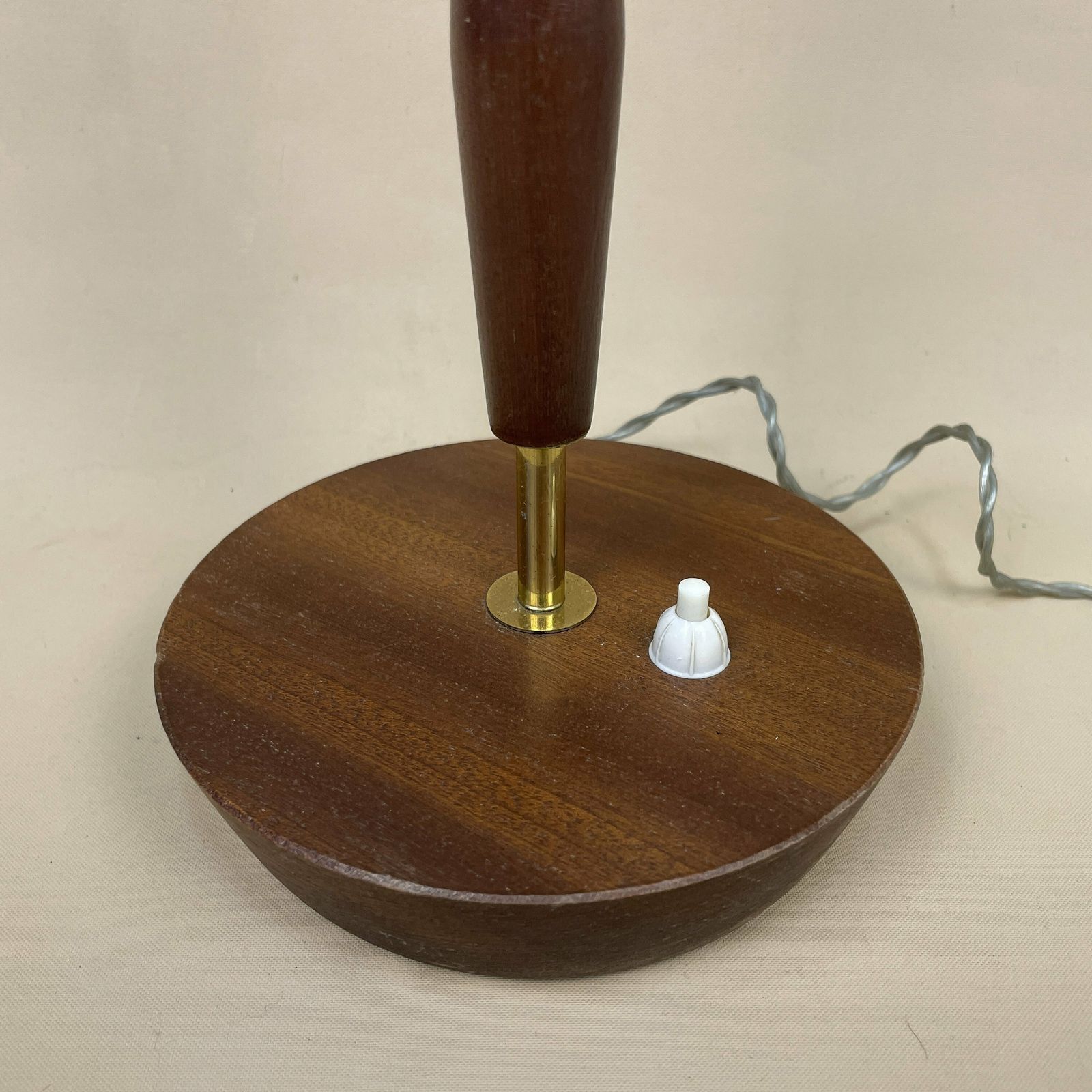 Antique Wooden Lamp Light Bedside Side Table Desk Column Round Base Vintage Brown Retro Vintage Decor Wood Switch Gold Brass Trims photo for sale