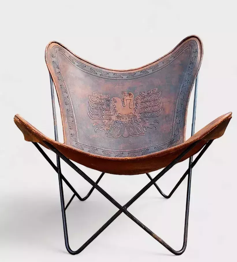 Rare Mid Century South American Tooled Leather Butterfly Chair photo for sale