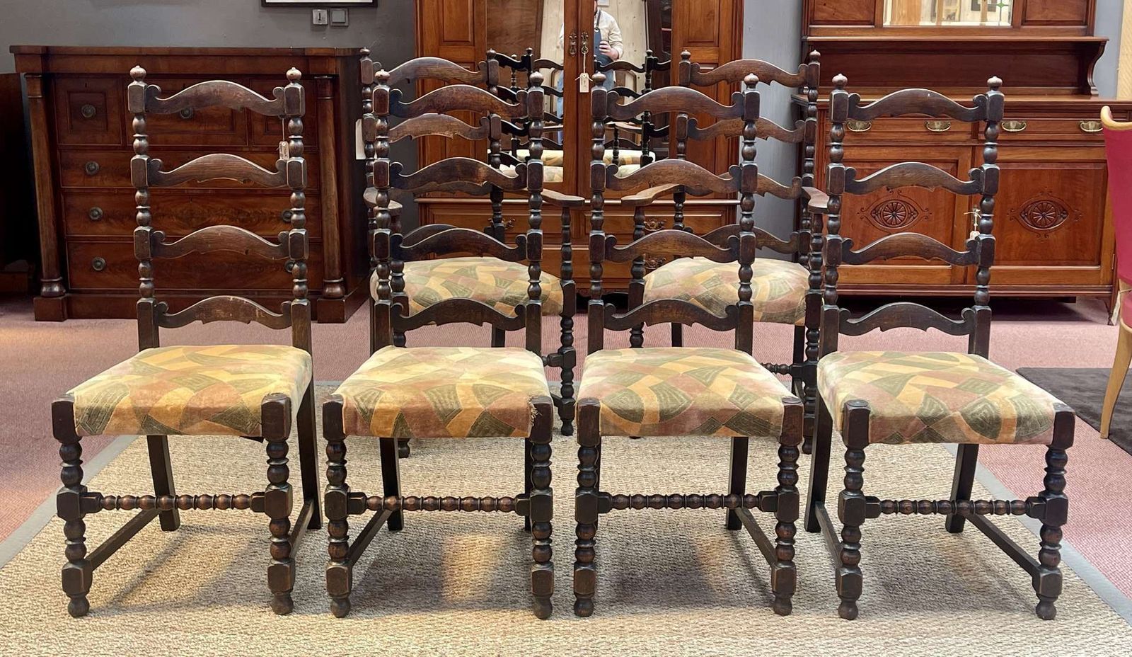 Furniture Suite Of 4 Chairs And 2 19th Century English Armchairs In Oak photo