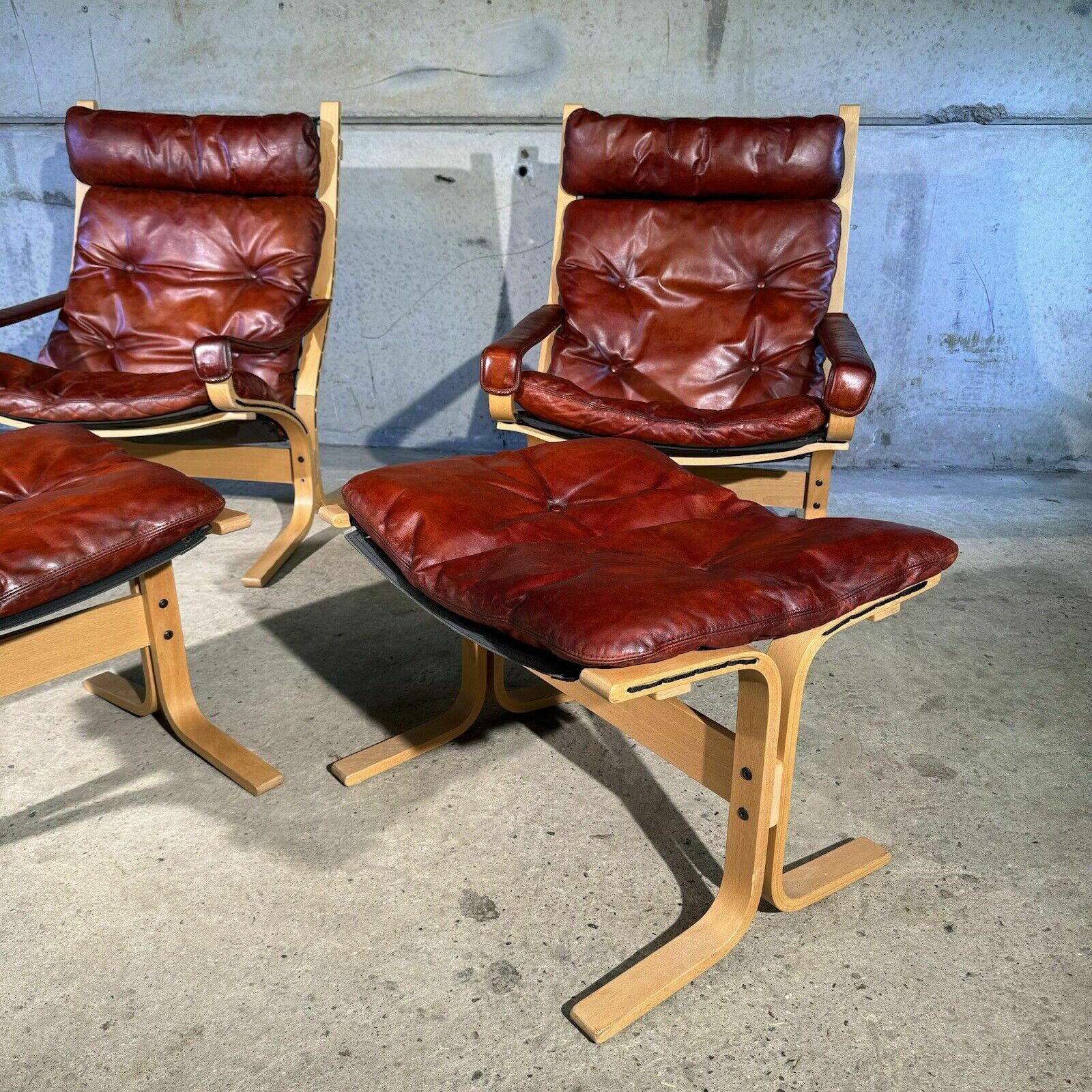 ( One Sold ) Pair Of Siesta Armchairs & 2 Footstool Cognac Leather Ingmar Relling photo vinterior
