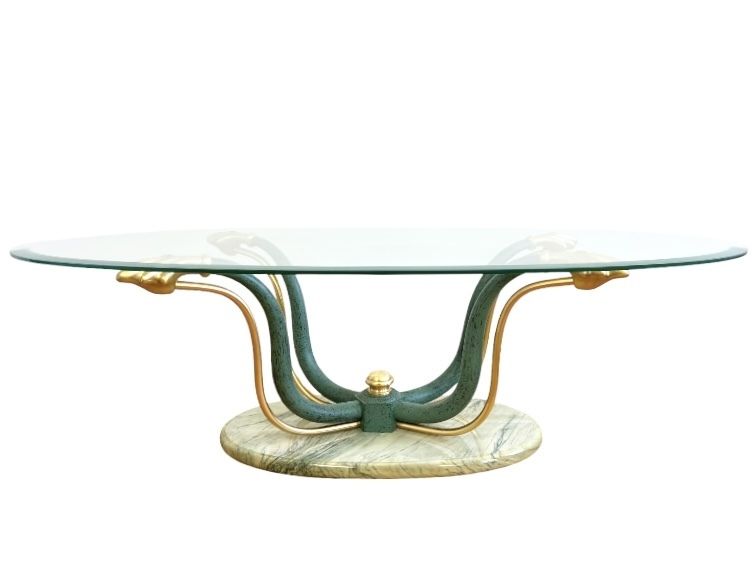 1960s Art Deco Brass Glass And Marble Oval Coffee Table photo Furniture