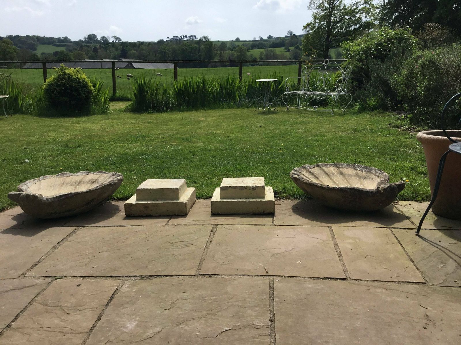 Stunning Vintage Pair Of Reconstituted Stone Scallop Shaped Planters On Stands photo vinterior
