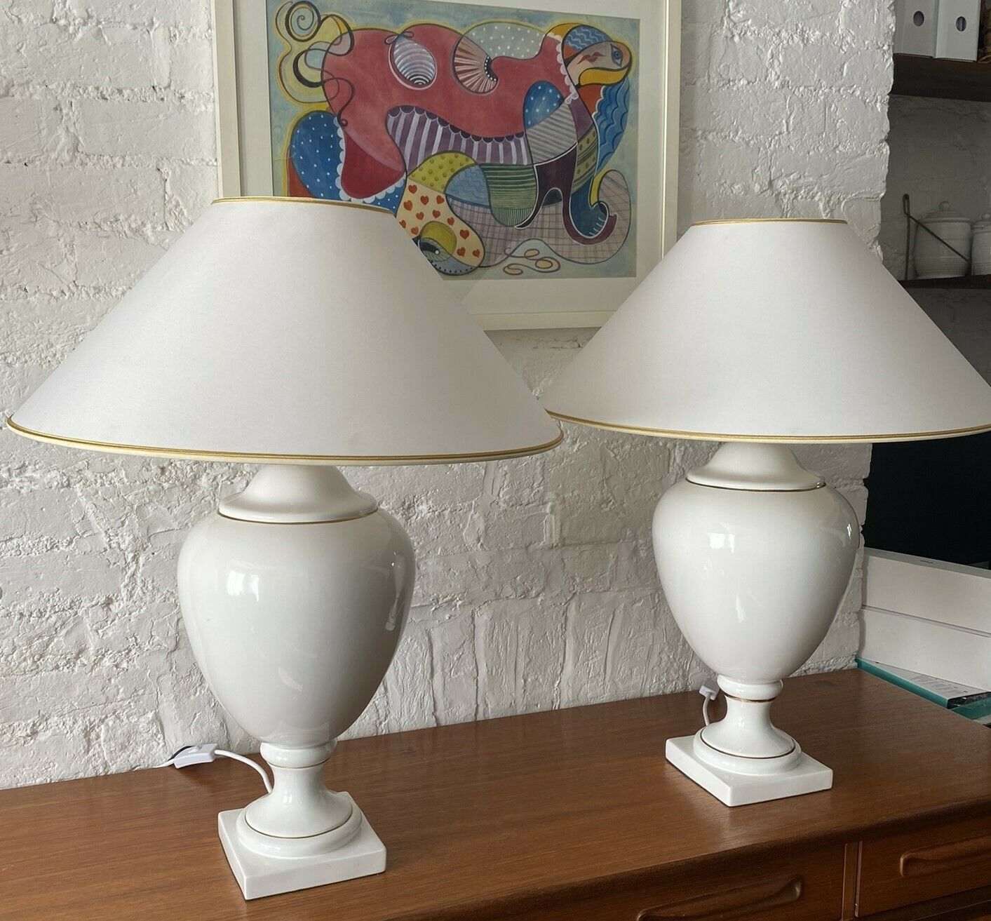 photo furniture Pair Of White & Gold Ceramic Table Lamps & Shades By Stefano Cevoli, Italian, 1980s