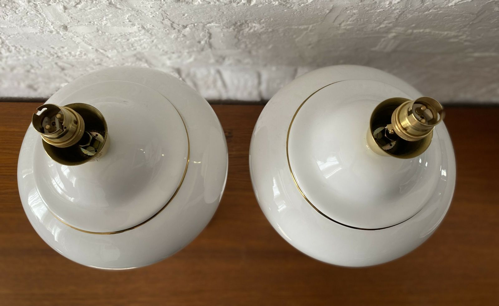 photo for sale Pair Of White & Gold Ceramic Table Lamps & Shades By Stefano Cevoli, Italian, 1980s