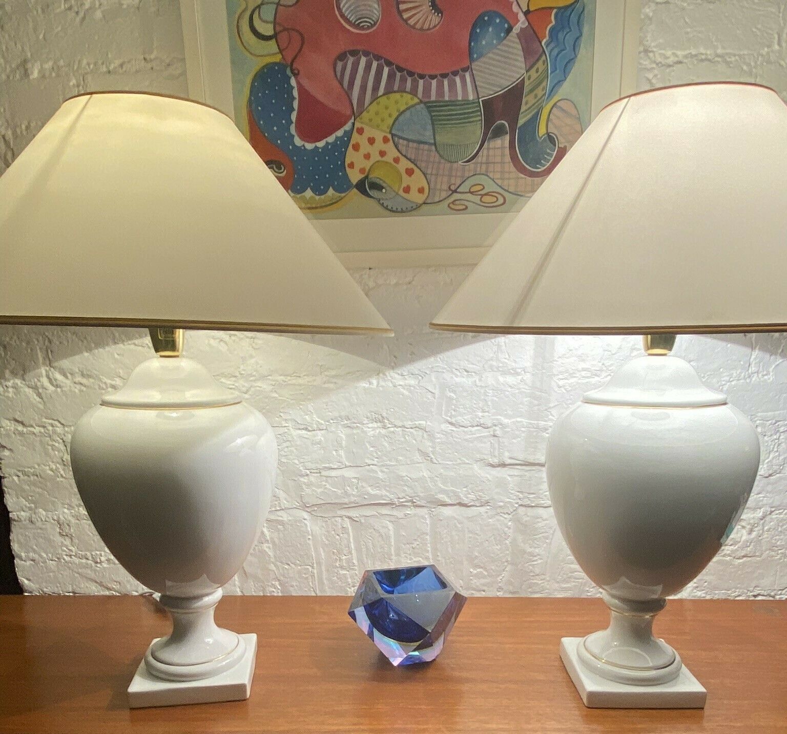 photo buy Pair Of White & Gold Ceramic Table Lamps & Shades By Stefano Cevoli, Italian, 1980s