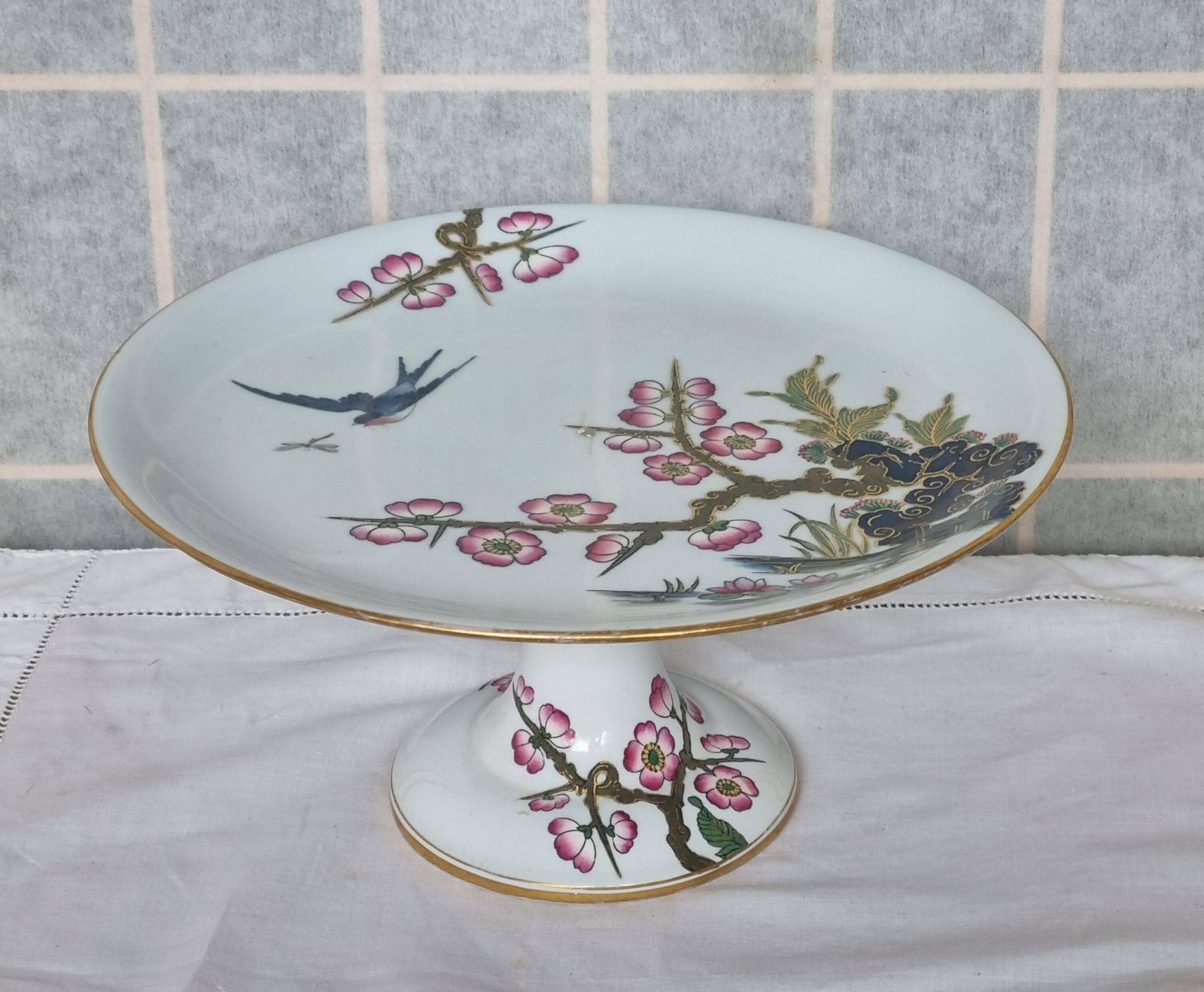 Antique Chinoiserie Cake Stand | Hand Painted Cherry Blossom Bird Porcelain Pedestal Plate | Gold Trim Asian Tazza Serving Platter
