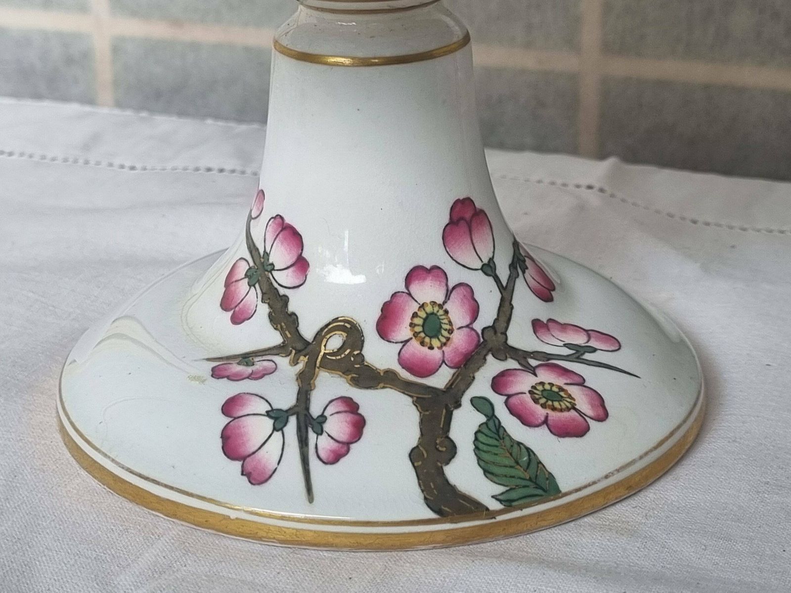 Antique Chinoiserie Cake Stand | Hand Painted Cherry Blossom Bird Porcelain Pedestal Plate | Gold Trim Asian Tazza Serving Platter photo Home Decor