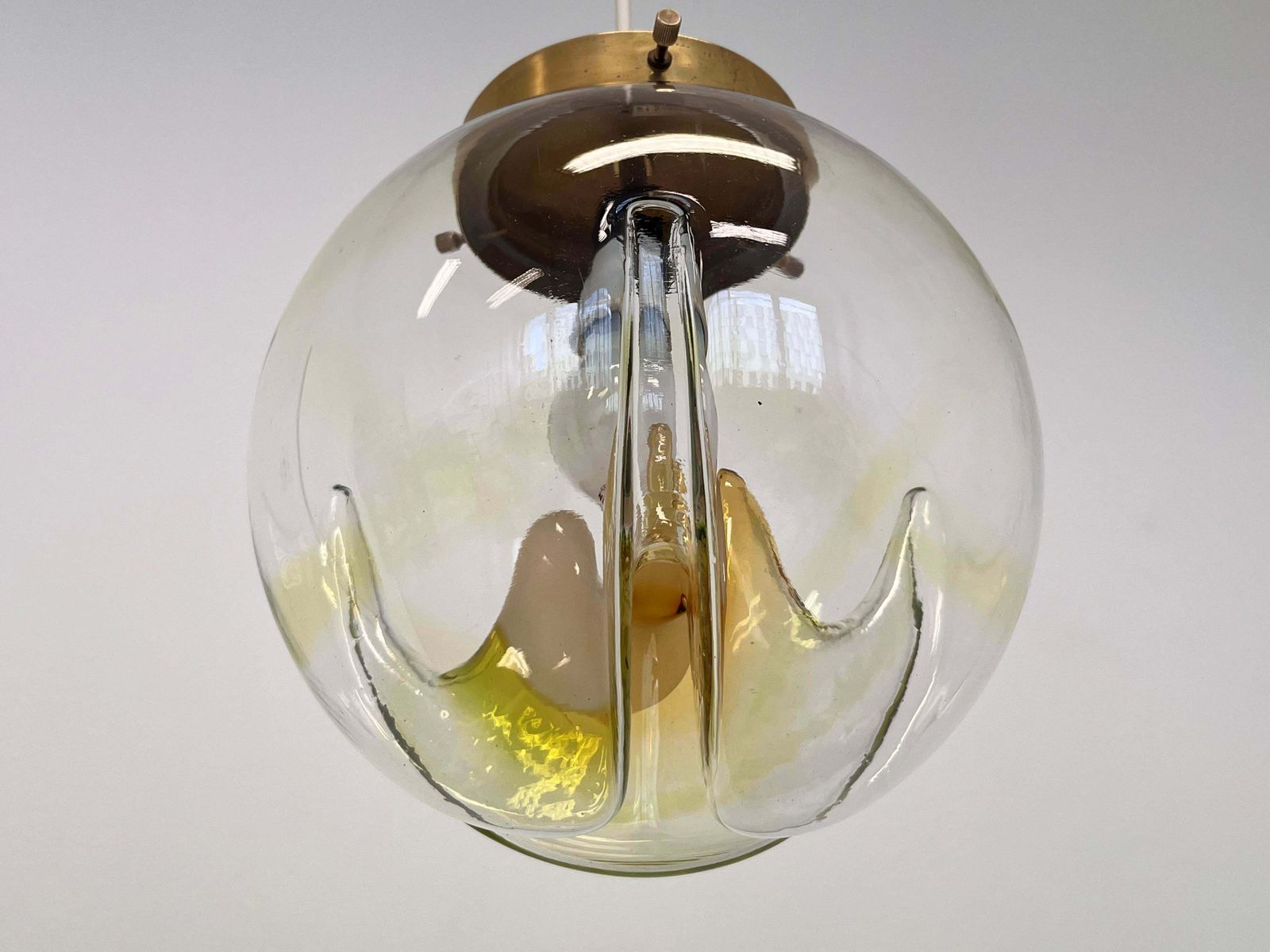 Set Of Three Brass And Artglass Murano Pendants   Italy, 1970s photo vinterior