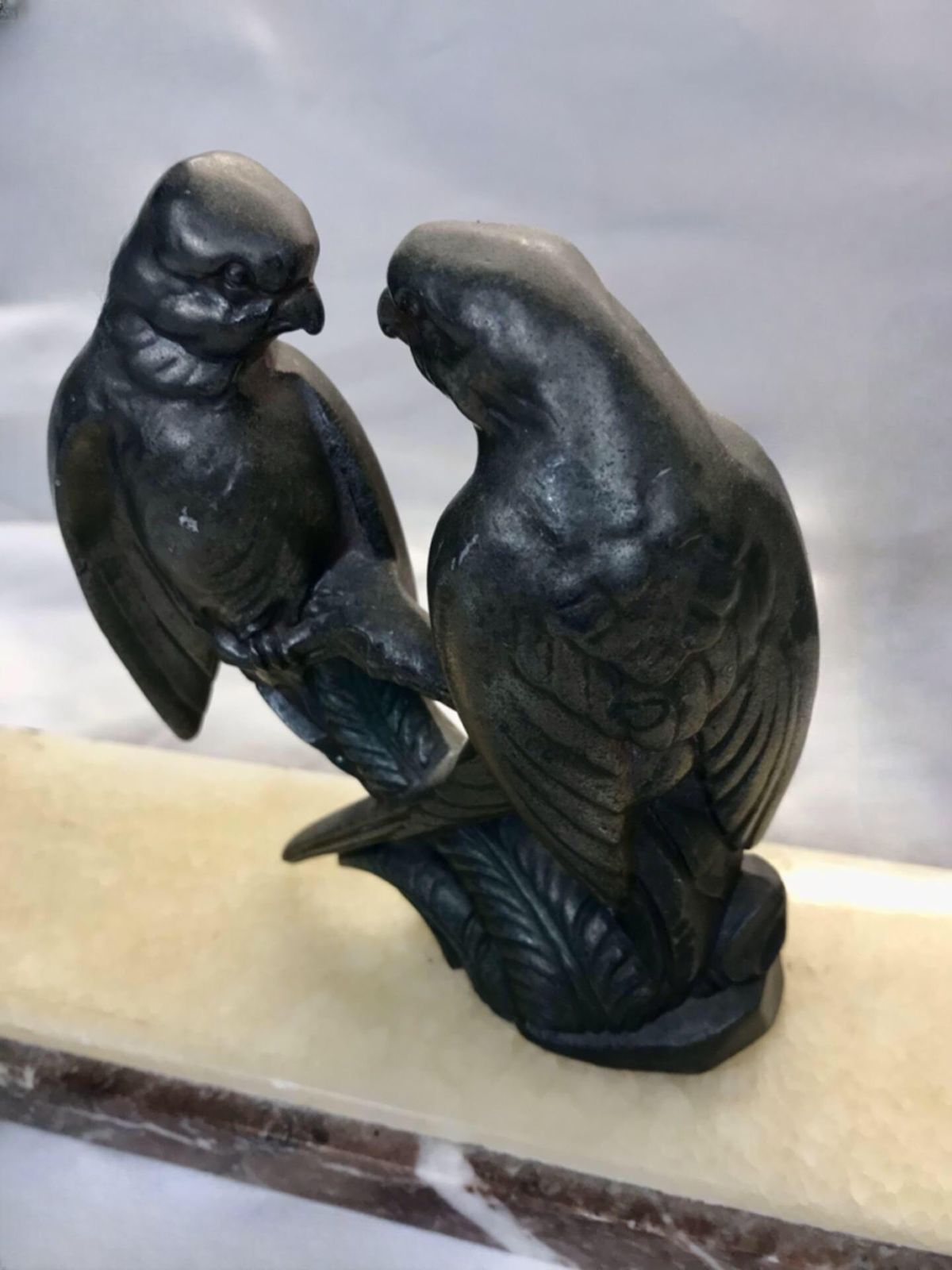 Beautiful Art Deco Pair Of Spelter Love Birds On A Marble Base photo for sale