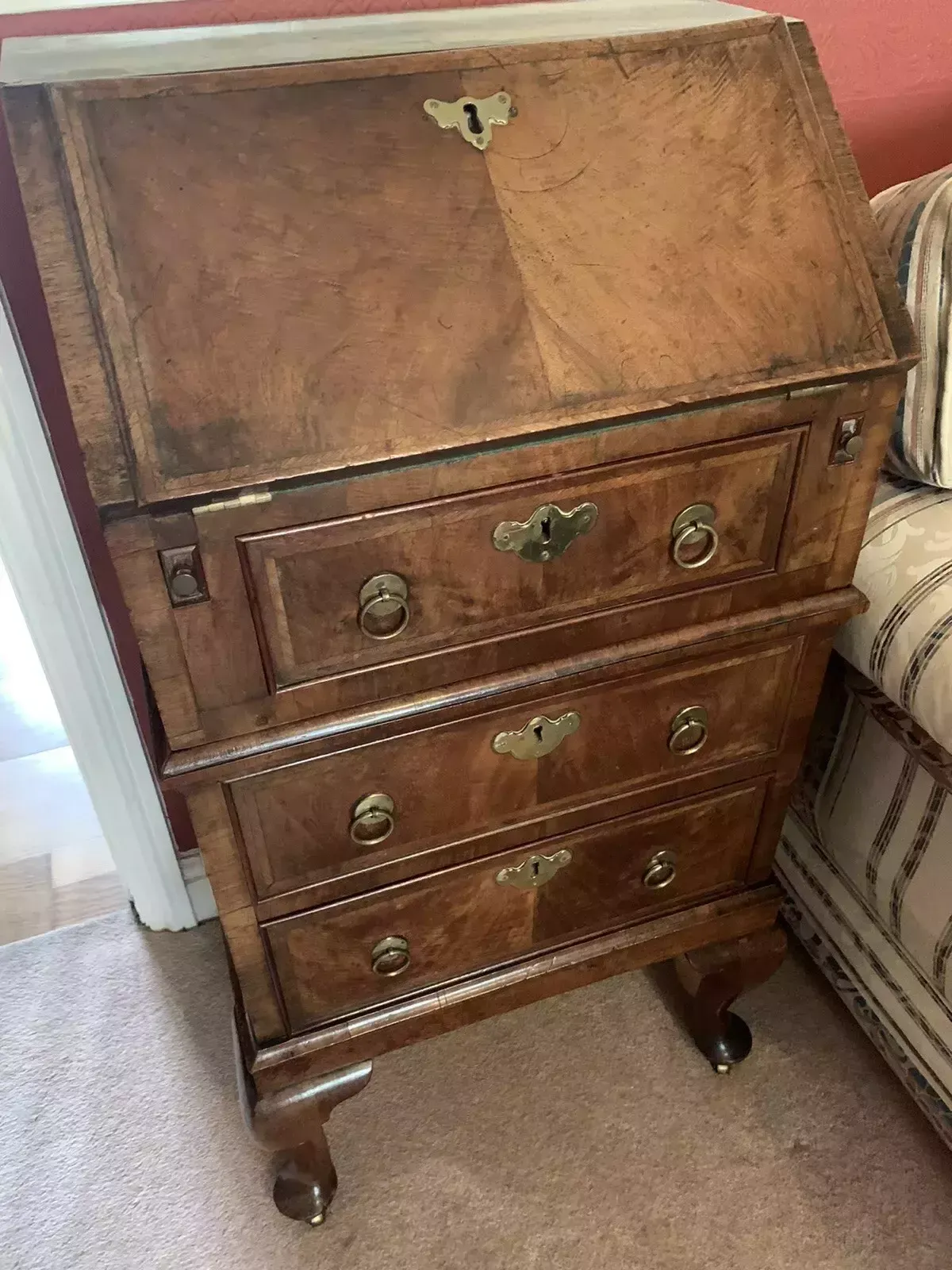 Quality 19th Century Inlaid Walnut Antique Bureau Of Diminutive Proportions