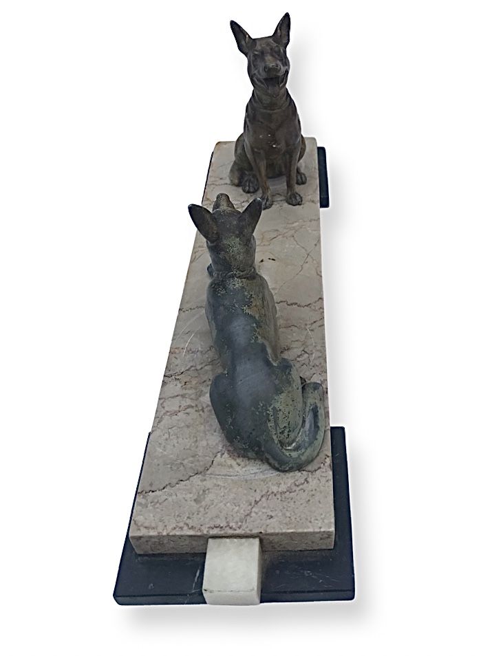 Gorgeous Art Deco Cold Painted Spelter Alsatians Seated On A Marble Base photo vinterior