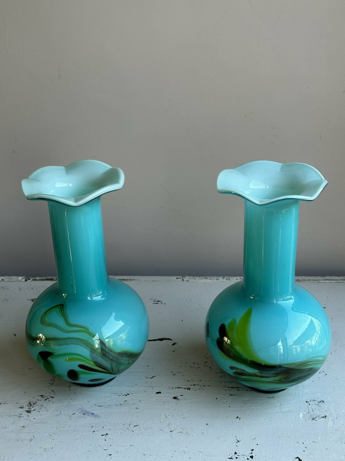 Stunning Pair Of Turquoise 1940’s Glass Vases
