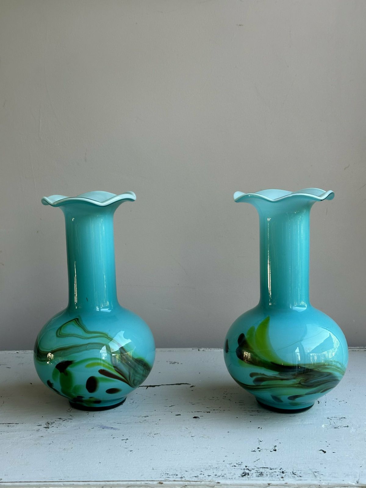 Stunning Pair Of Turquoise 1940’s Glass Vases photo furniture