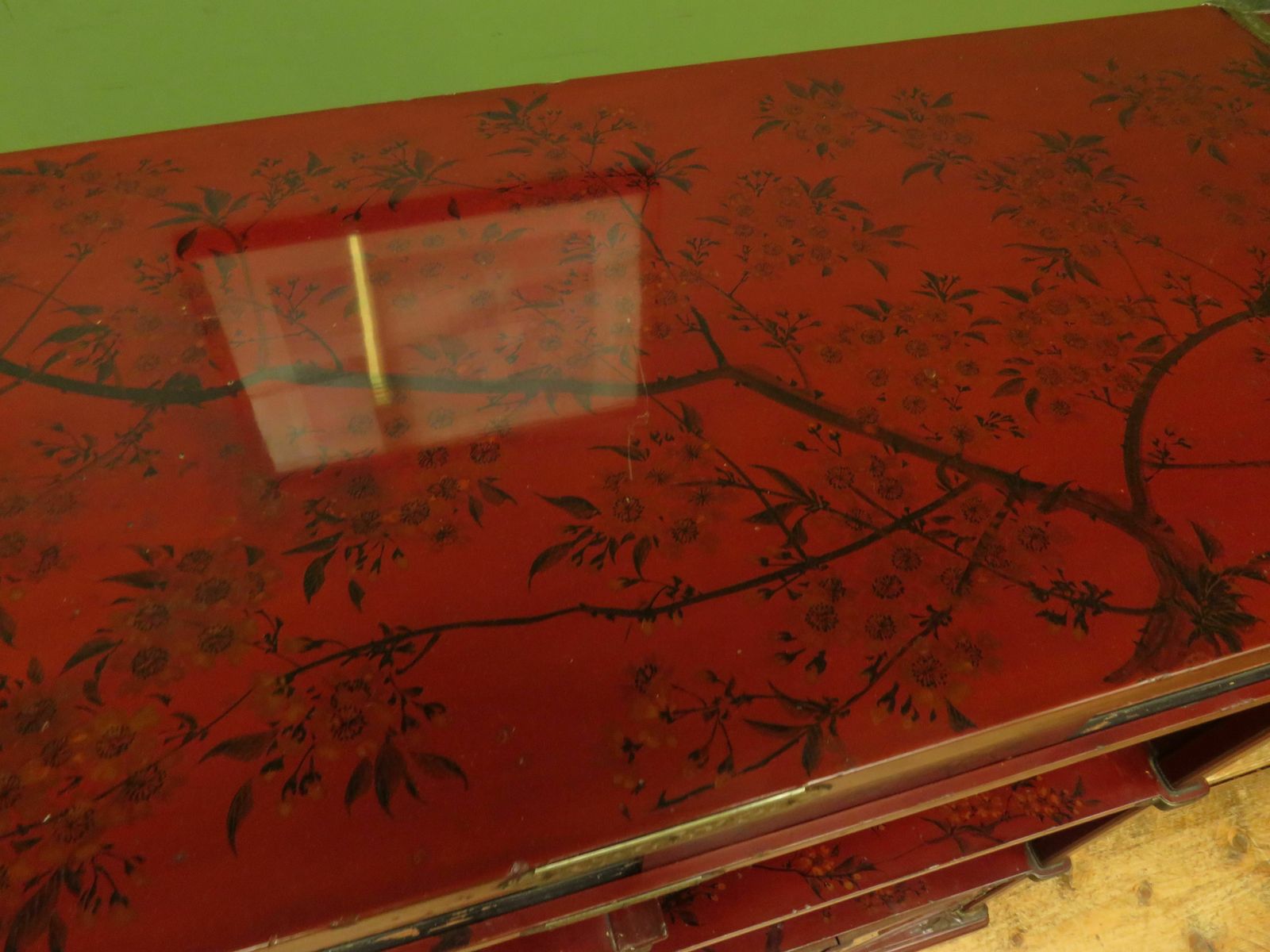 Japanese Red Lacquered Shodana Cabinet With Cherry Blossoms C1880 photo Furniture