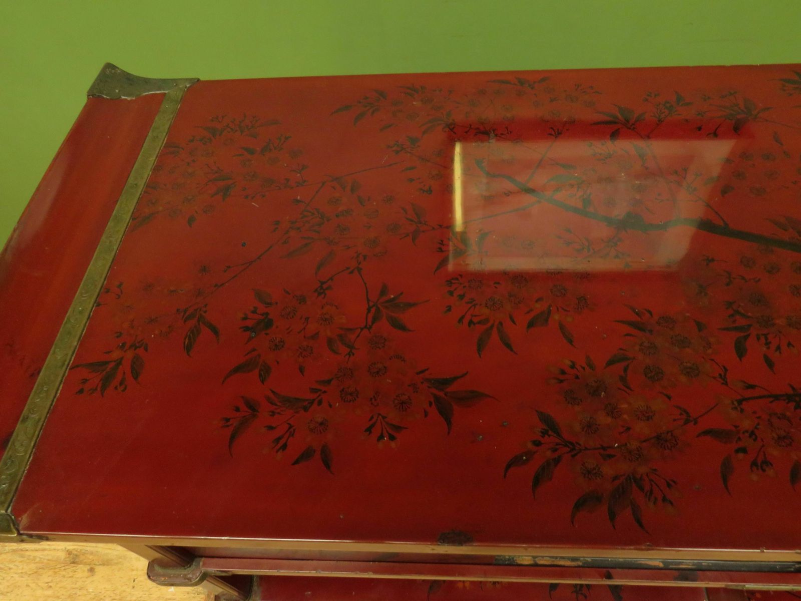 Japanese Red Lacquered Shodana Cabinet With Cherry Blossoms C1880 photo vintage