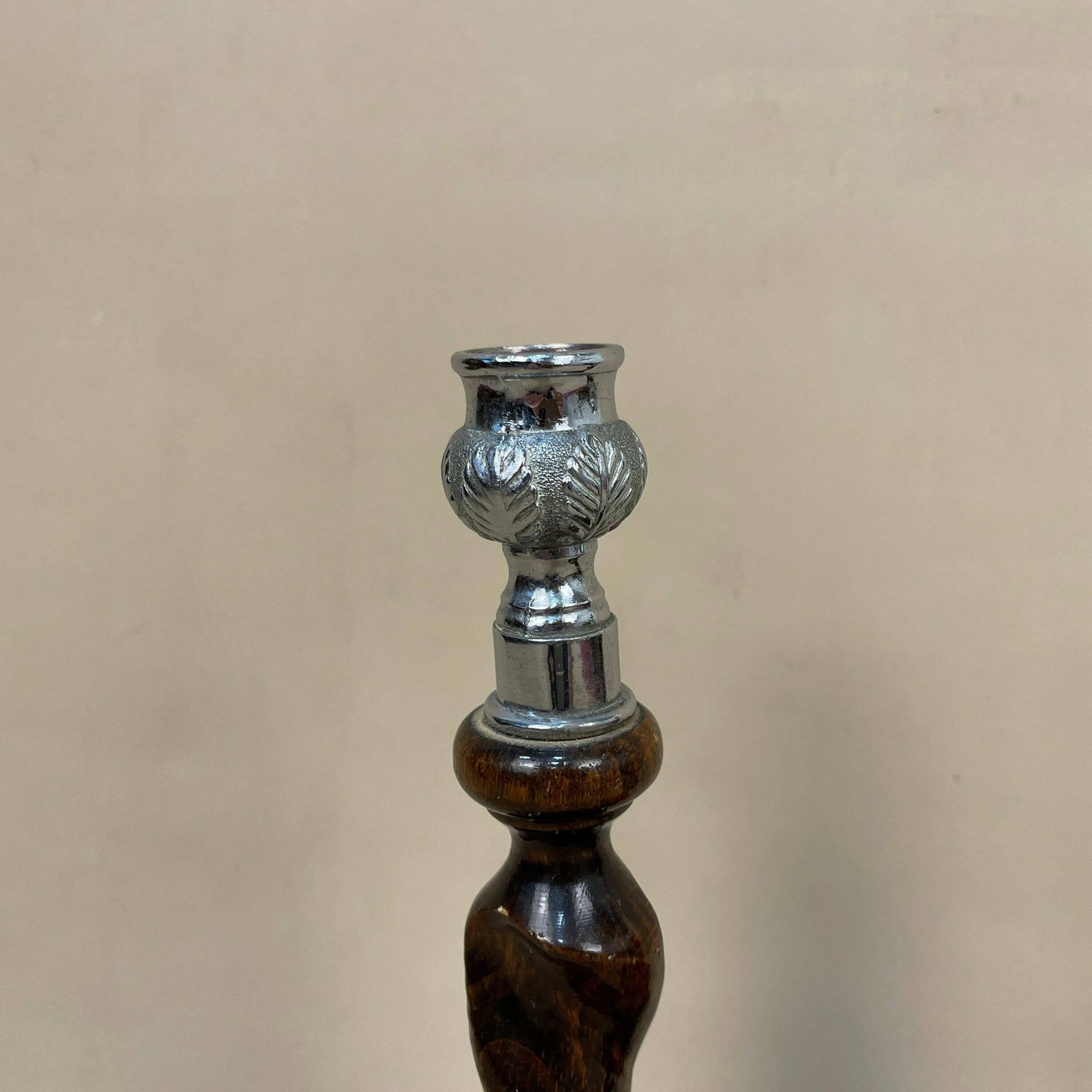 Antique Matching Pair Of Wooden Silver Metal Top Candlestick Candle Stick Vintage Dinner Candlesticks Lamp Wood Ornate Patterned Twisted photo furniture