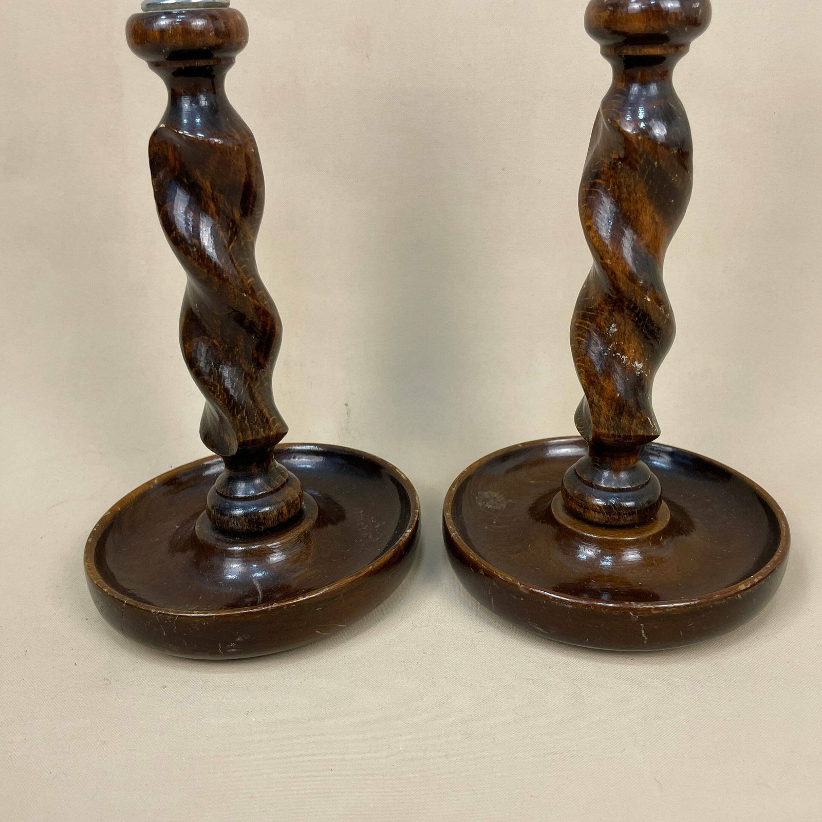 Antique Matching Pair Of Wooden Silver Metal Top Candlestick Candle Stick Vintage Dinner Candlesticks Lamp Wood Ornate Patterned Twisted photo Home Decor