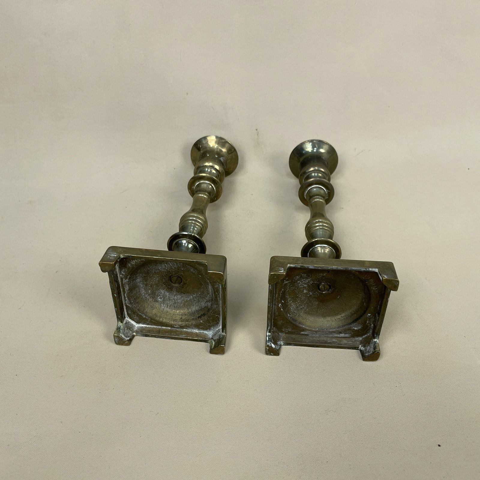 Antique Matching Pair Of Gold Brass Metal Candlestick Candle Stick Vintage Column Taper Dinner Candlesticks Square Base Column Pillar Feet photo 64.0