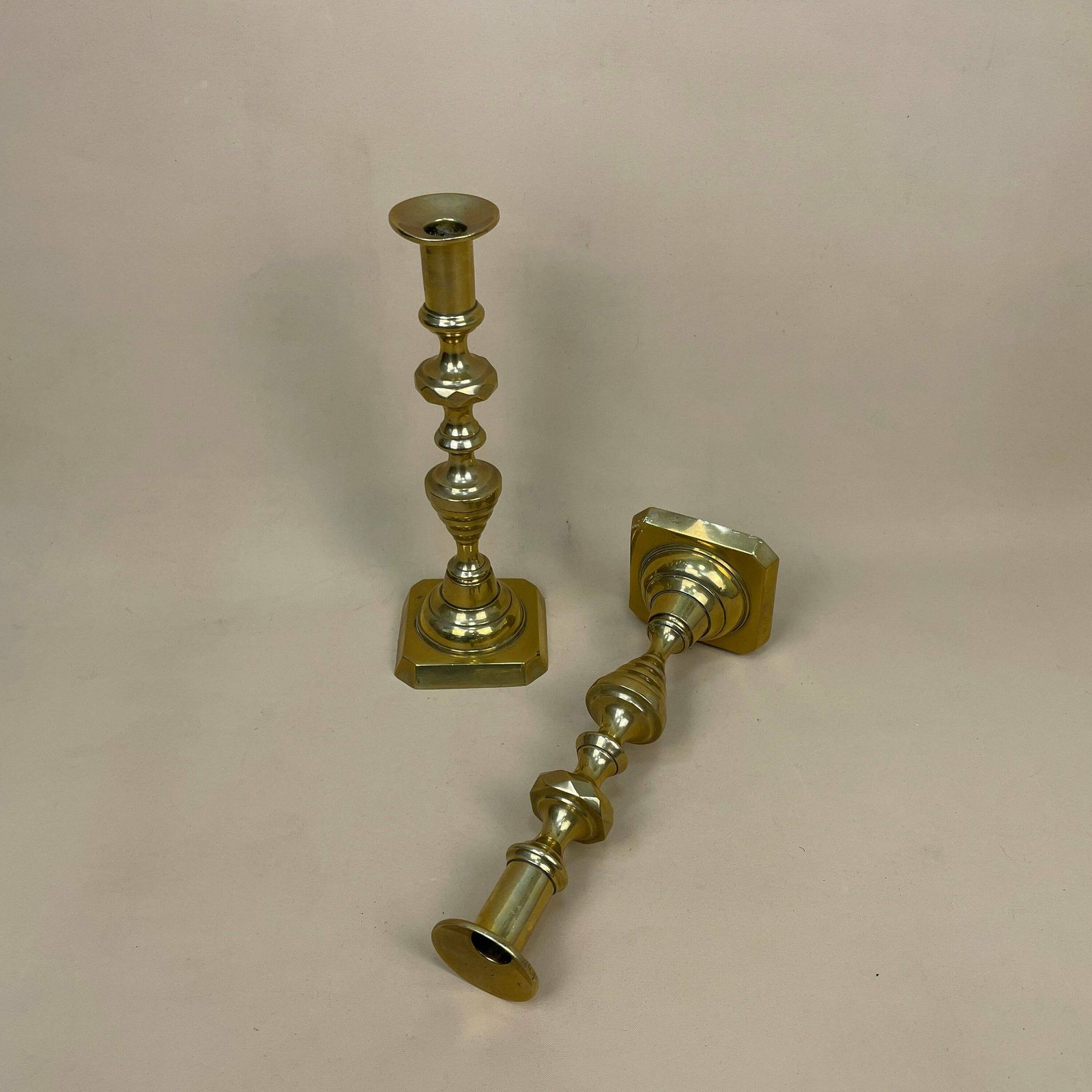 Antique Matching Pair Of Gold Brass Metal Candlestick Candle Stick Vintage Column Taper Dinner Candlesticks Square Base Column Pillar photo for sale