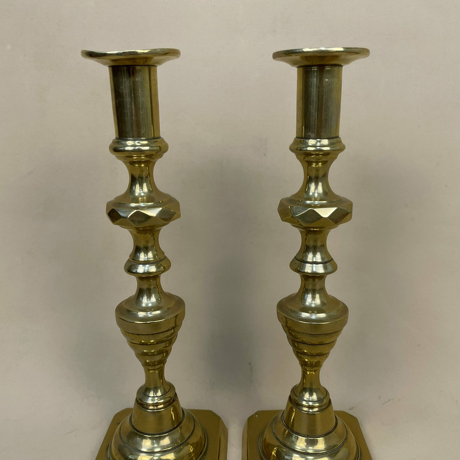 Antique Matching Pair Of Gold Brass Metal Candlestick Candle Stick Vintage Column Taper Dinner Candlesticks Square Base Column Pillar photo Home Decor