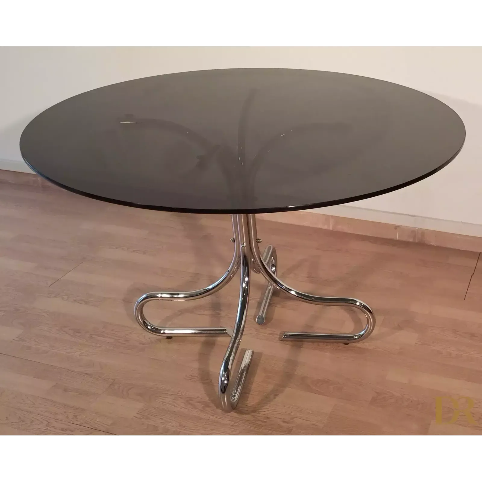 Mid Century Chrome Steel Coffee Table With Round Smoked Glass Top, Italy photo Furniture