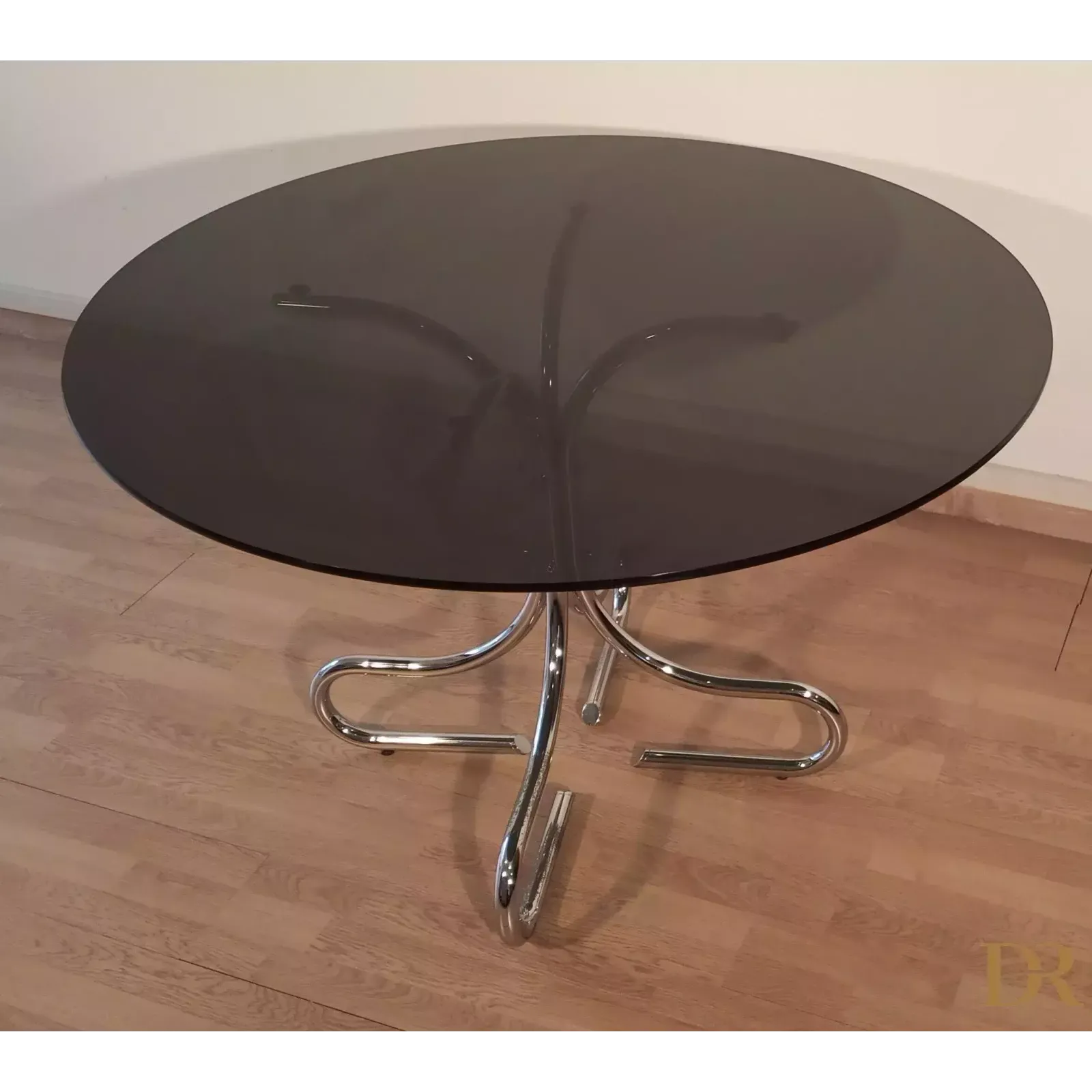 Furniture Mid Century Chrome Steel Coffee Table With Round Smoked Glass Top, Italy photo