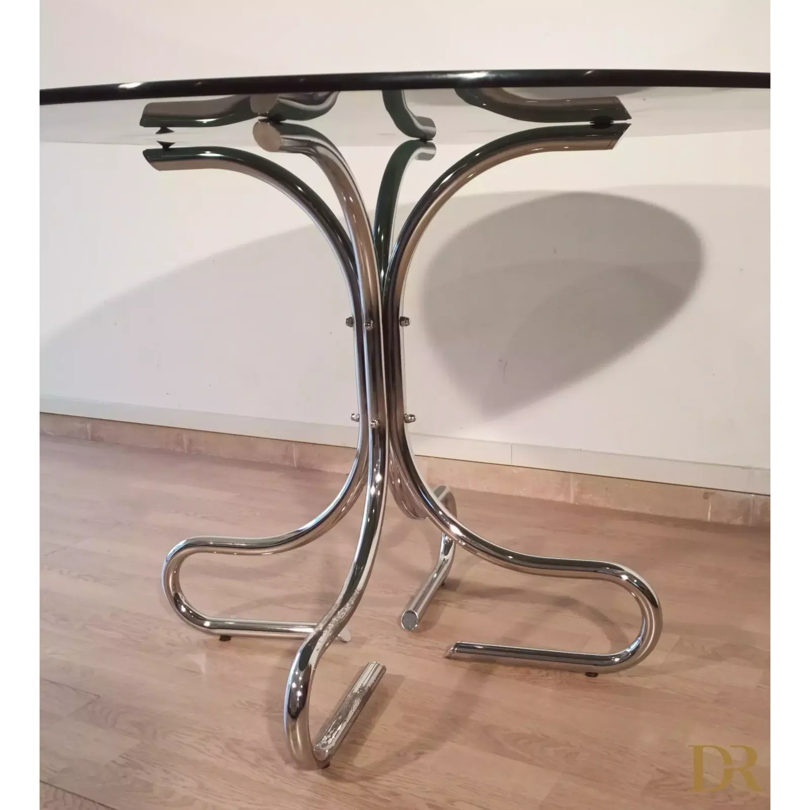 599.0 Mid Century Chrome Steel Coffee Table With Round Smoked Glass Top, Italy photo
