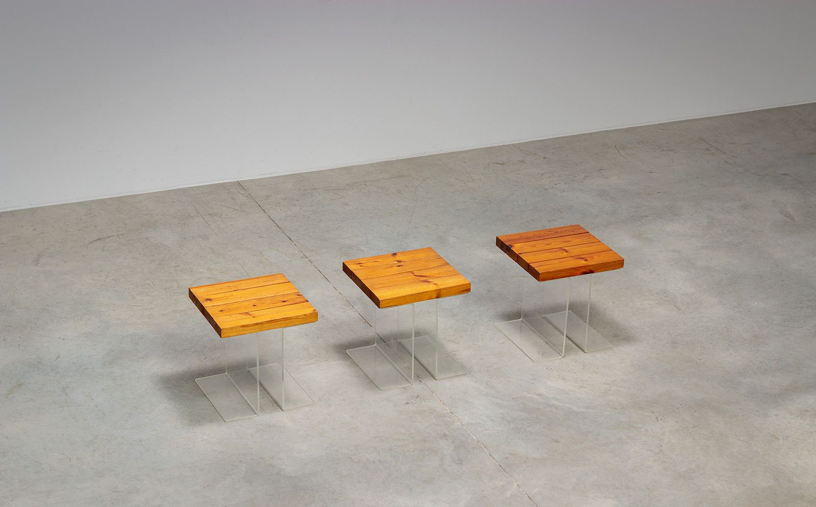 Set Of Three Occasional Side Tables Made Of Plexiglass And Elm Wood, 1970 France photo furniture
