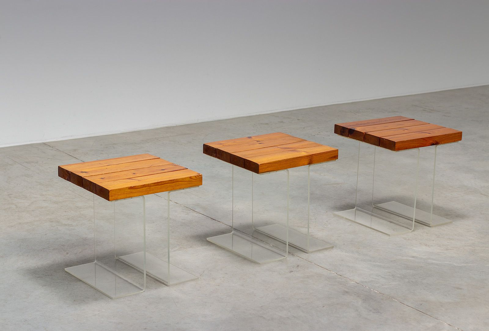 Set Of Three Occasional Side Tables Made Of Plexiglass And Elm Wood, 1970 France