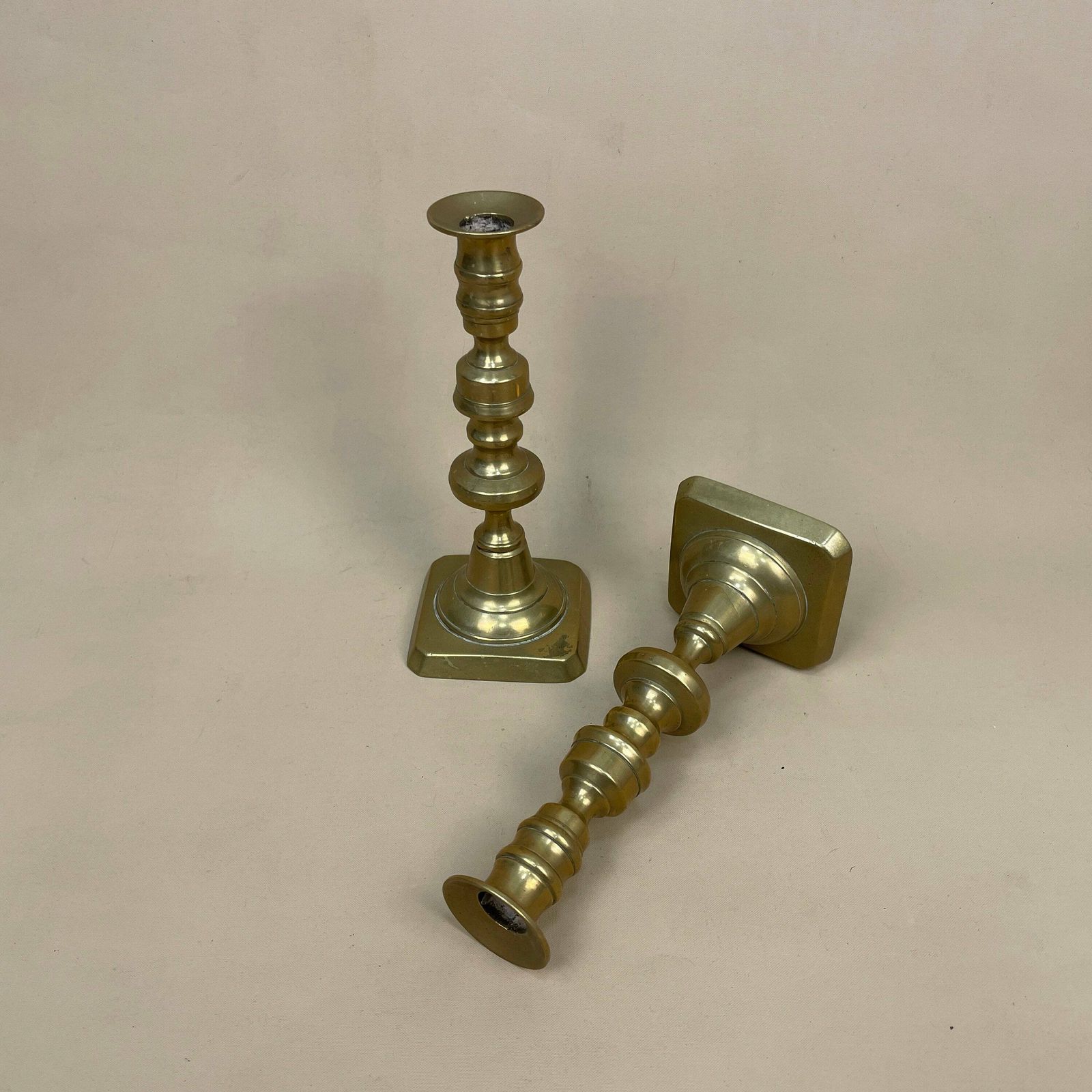 Antique Matching Pair Of Gold Brass Metal Candlestick Candle Stick Vintage Column Taper Dinner Candlesticks Square Base Column Pillar photo furniture