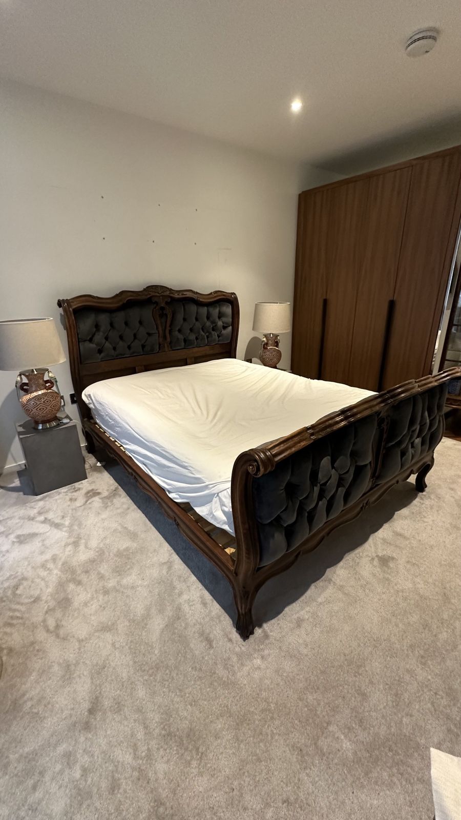 Antique French Bed Dark Wood With Charcoal Velvet photo 350.0