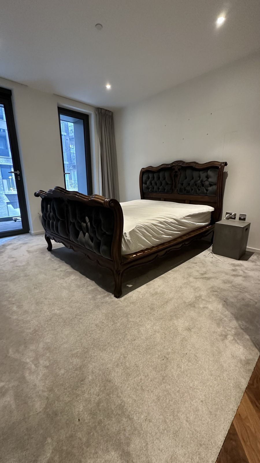Antique French Bed Dark Wood With Charcoal Velvet photo vinterior